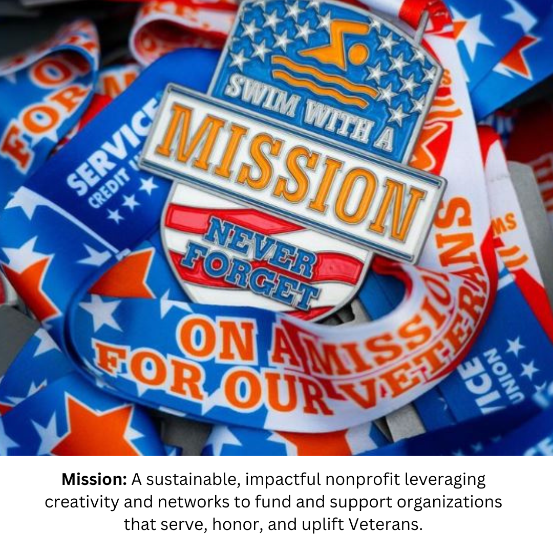 Pins and buttons with patriotic colors and themes, including phrases like "Swim with a Mission," "Never Forget," "Service Credit," and "On for Our Veterans," supporting veterans and military service.