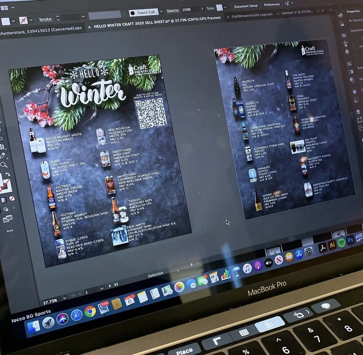Digital design of a winter craft beer menu on a laptop screen, with a festive background of pine branches and ornaments.