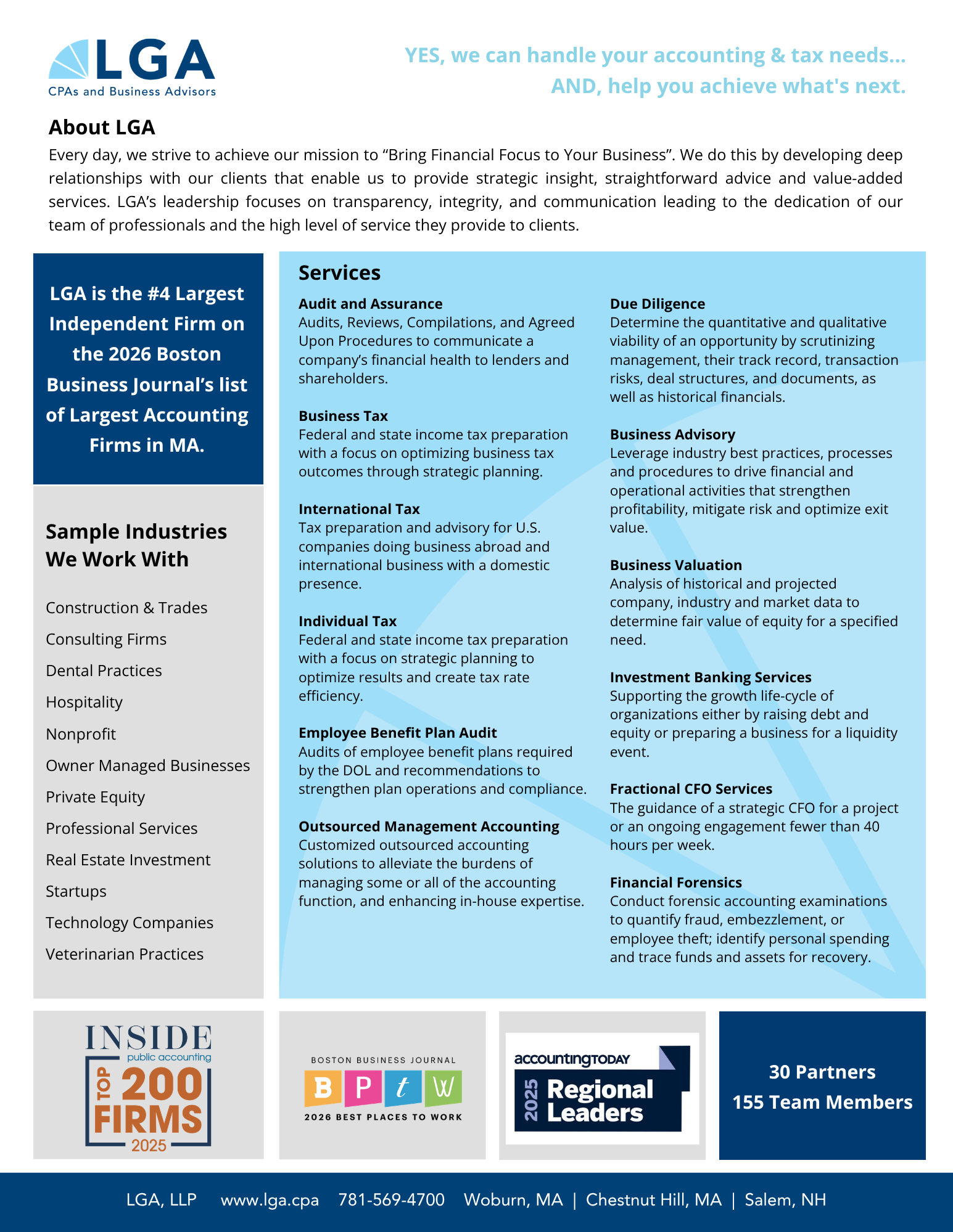 A colorful infographic about LGA, a CPA and business advisory firm. It highlights the company's mission, services, industry rankings, awards, team size, and locations.