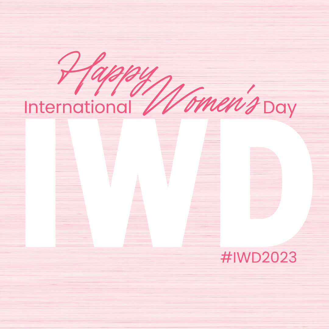 Pink background with text celebrating International Women's Day, featuring large white initials 'IWD' and hashtag #IWD2023.