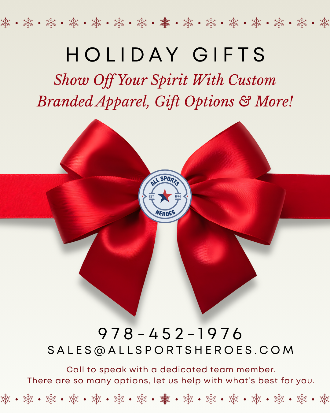 Holiday gift advertisement with red ribbon bow, snowflake border, and text promoting custom branded apparel and gift options from All Sports Heroes.