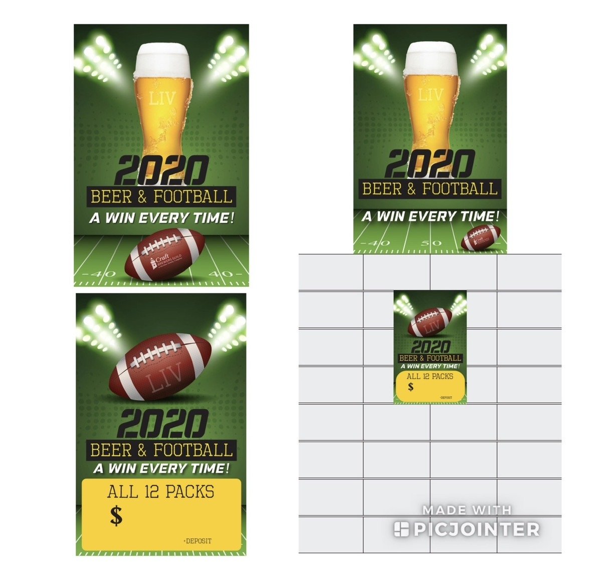 Design for a promotional flyer or ticket featuring beer and football themes. The top section shows a beer glass with a green background and bright lights. The middle section displays a football with the text '2020 BEER & FOOTBALL A WIN EVERY TIME!'. 