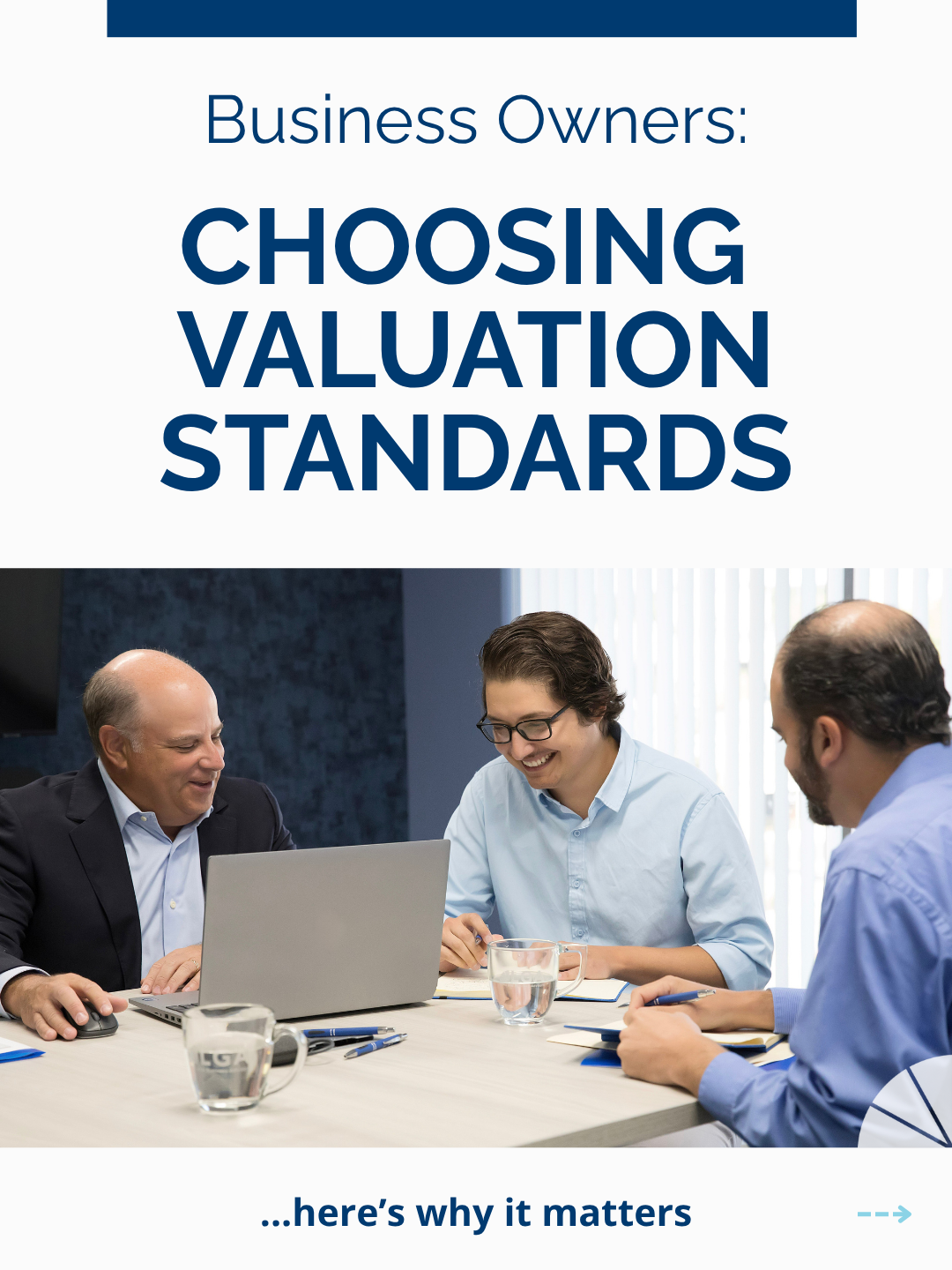 Cover page of a business presentation or report titled "Business Owners: Choosing Valuation Standards" with a subgroup of people in business attire sitting around a table, smiling and discussing, with notebooks and glasses of water in front of them.