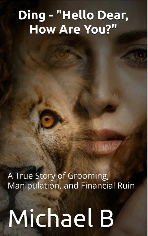 Close-up of a woman with a lion, both showing their faces side by side, with text overlay about grooming, manipulation, and financial ruin.