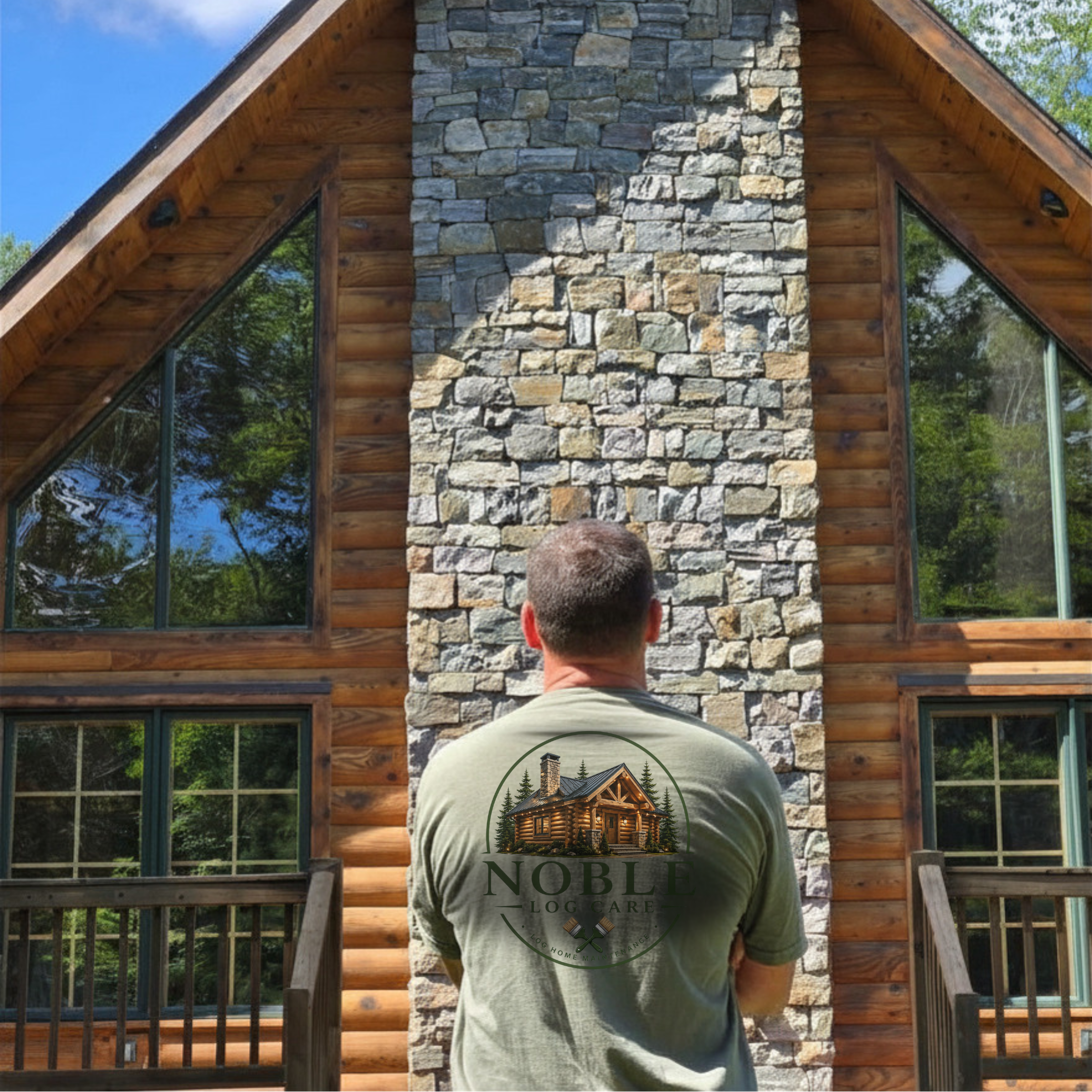 A person with short dark hair wearing a white T-shirt with a logo, seen from behind, standing in front of a wooden house with a stone chimney and large glass windows, surrounded by trees and blue sky.