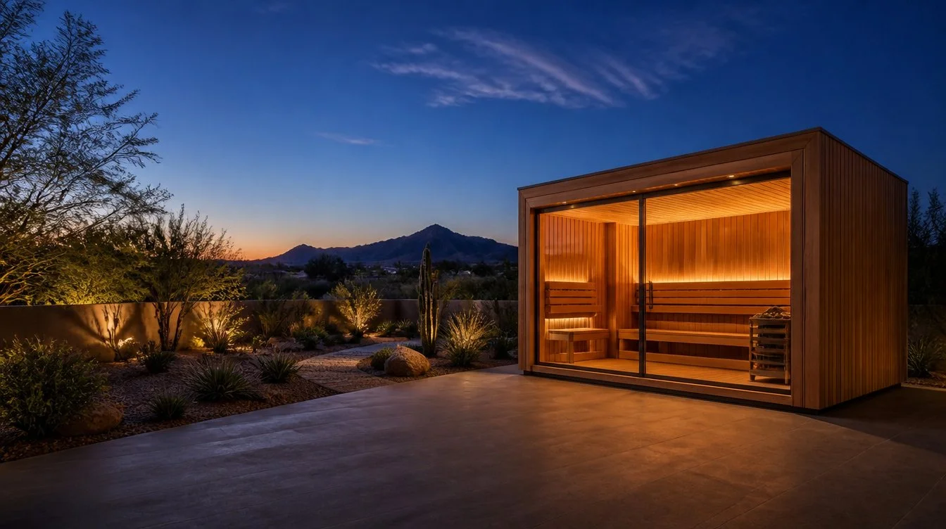 Freestanding outdoor wood sauna lit at dusk against a desert and mountain backdrop.