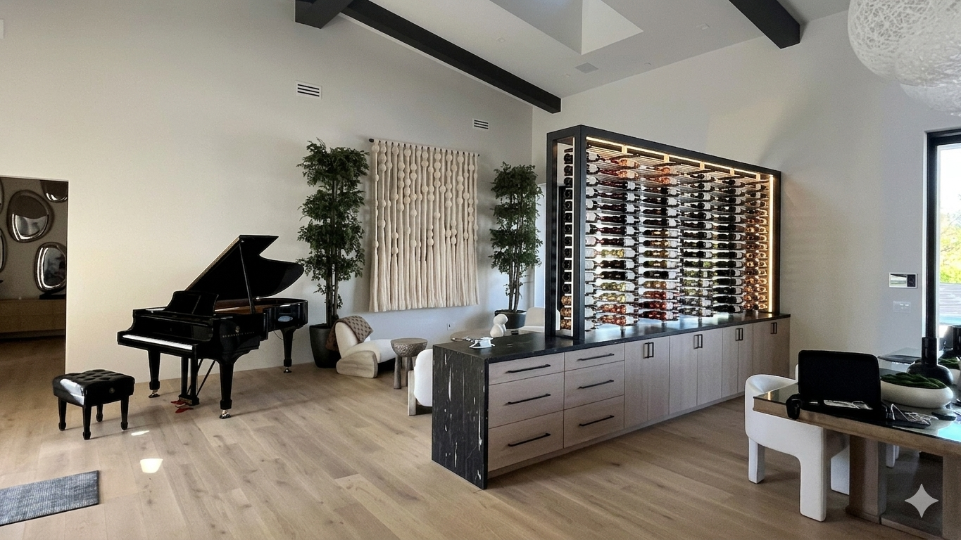 Living room with a grand piano and a large glass-enclosed wine rack filled with bottles.