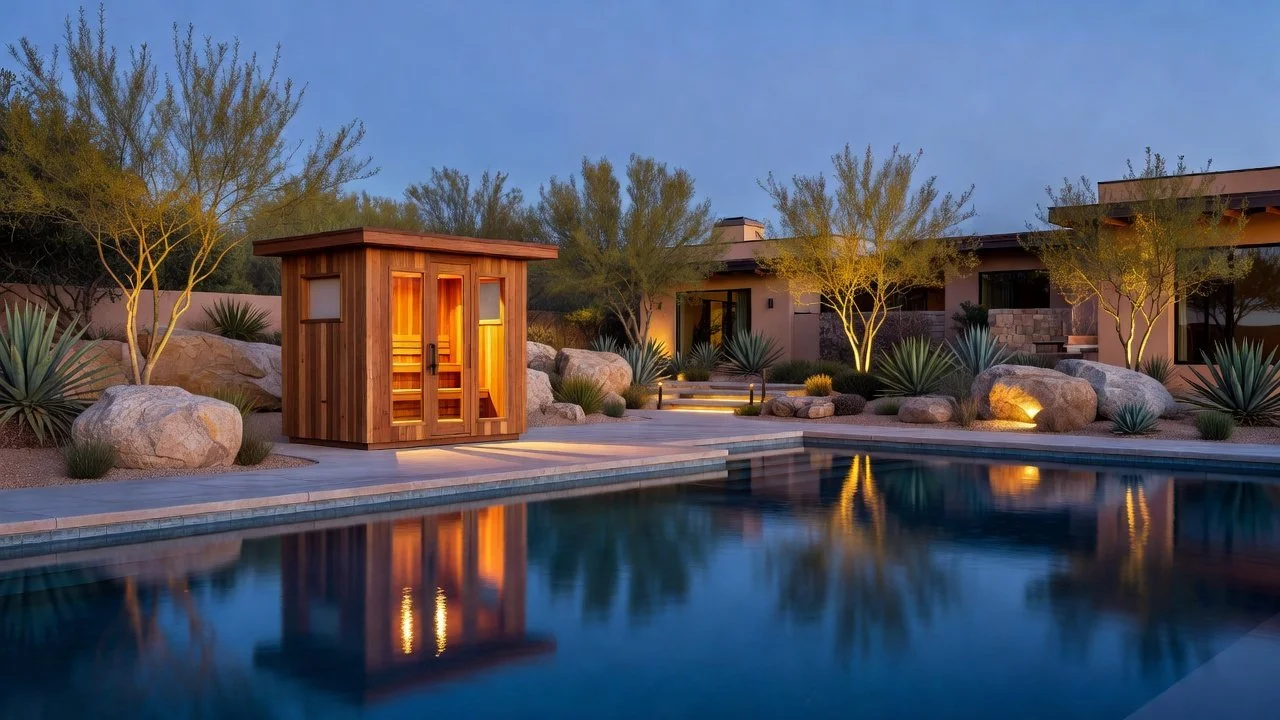 Backyard with a pool, desert landscaping, and a small wood sauna beside a modern home at dusk.
