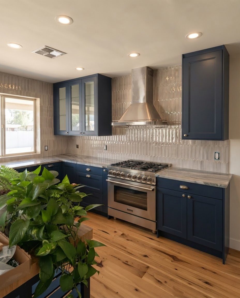 Renovated kitchen with blue cabinets, a gray marble countertop, and a tiled backsplash.