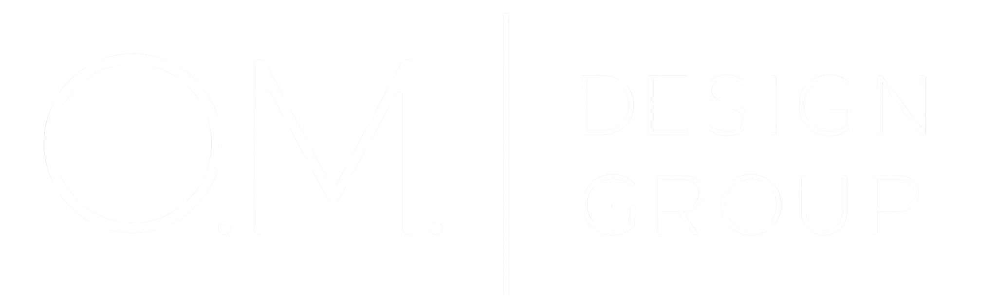 OM Design Group logo with white text and symbols on a black background