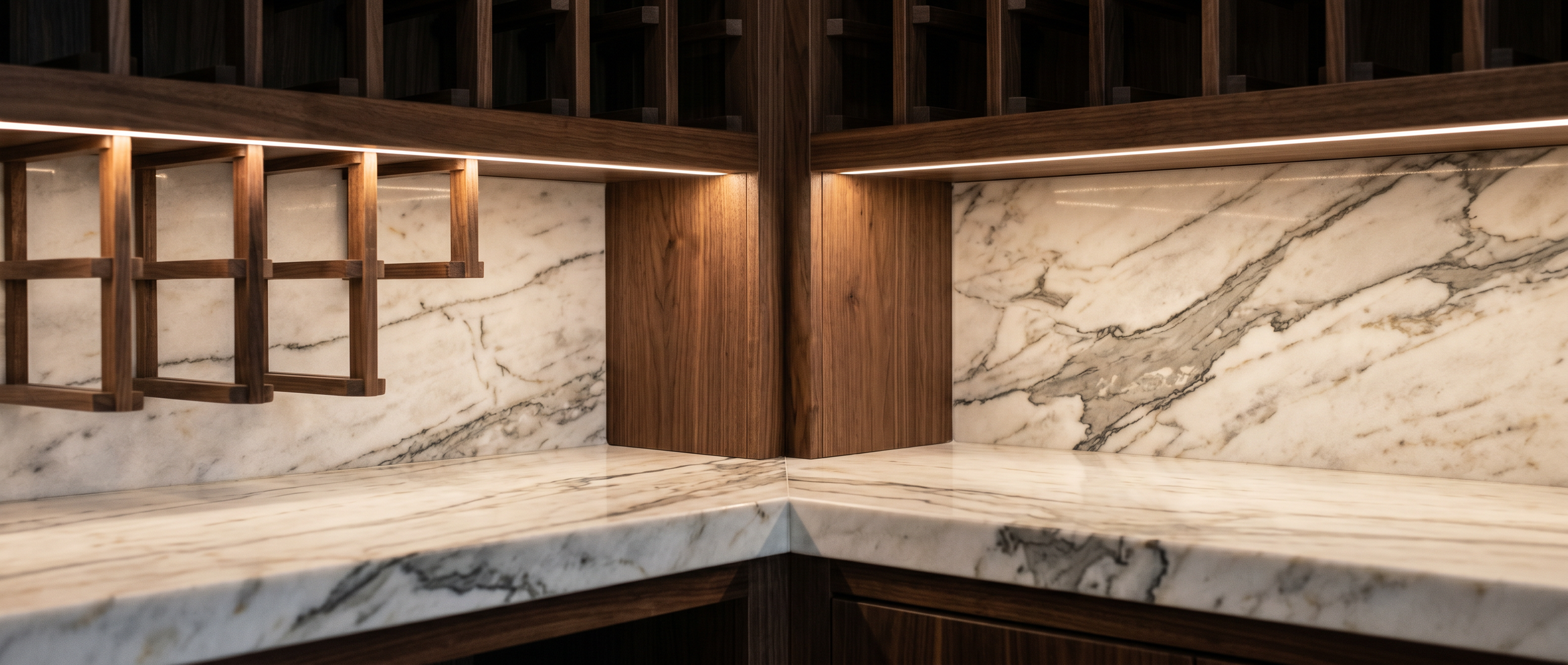 Kitchen corner with marble counters, dark wood cabinets, and a built-in wood wine rack.