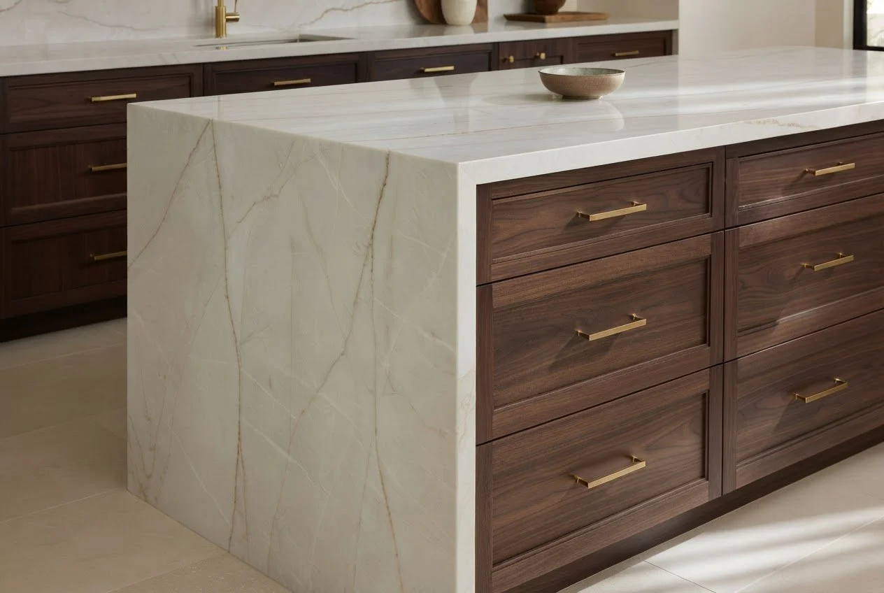 Custom kitchen island in waterfall marble with dark wood cabinetry and brass hardware.