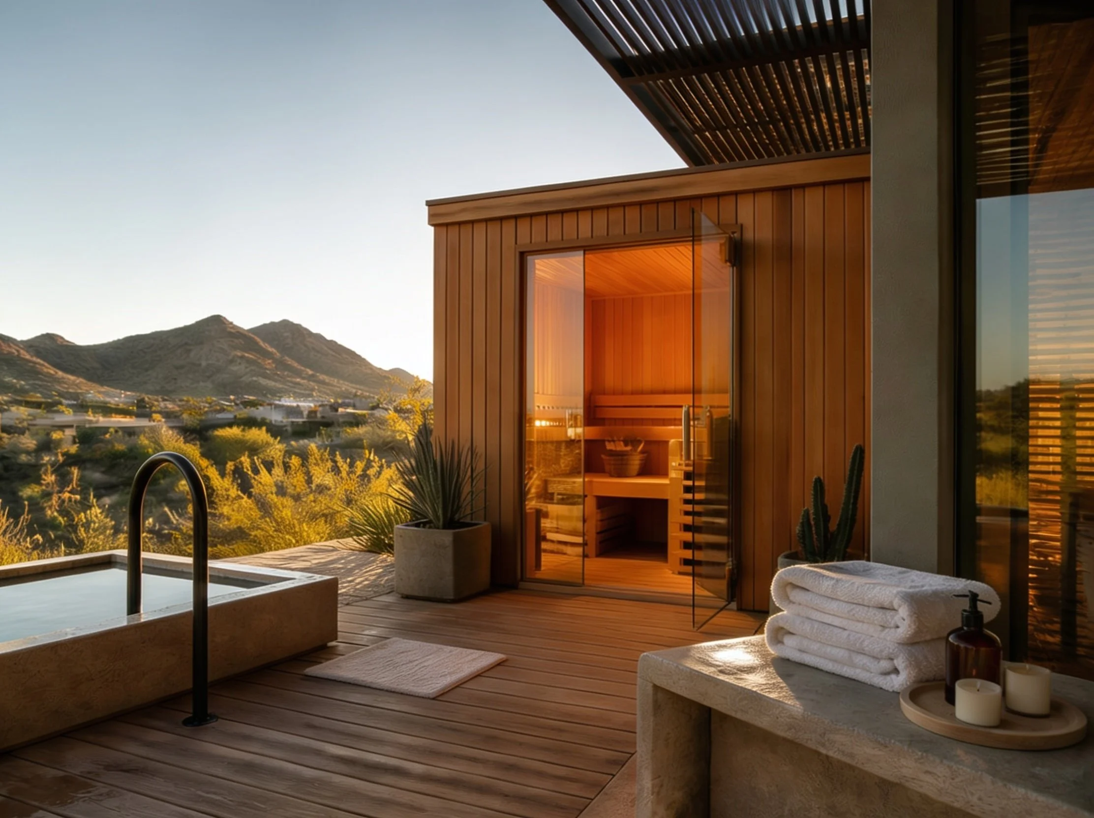 Outdoor wood deck with a cold plunge and sauna, mountains in the background at sunset.
