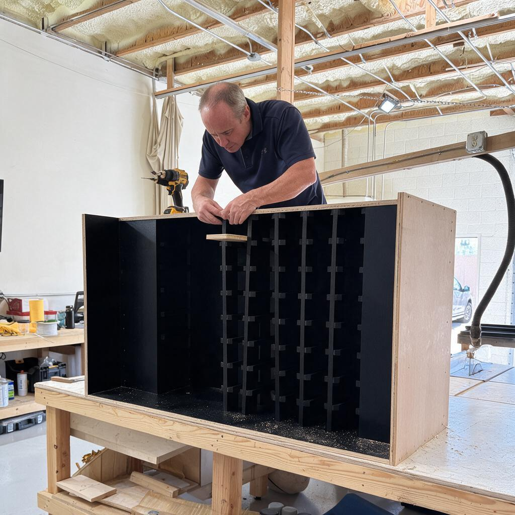 A craftsman building a wood wine cabinet in workshop.