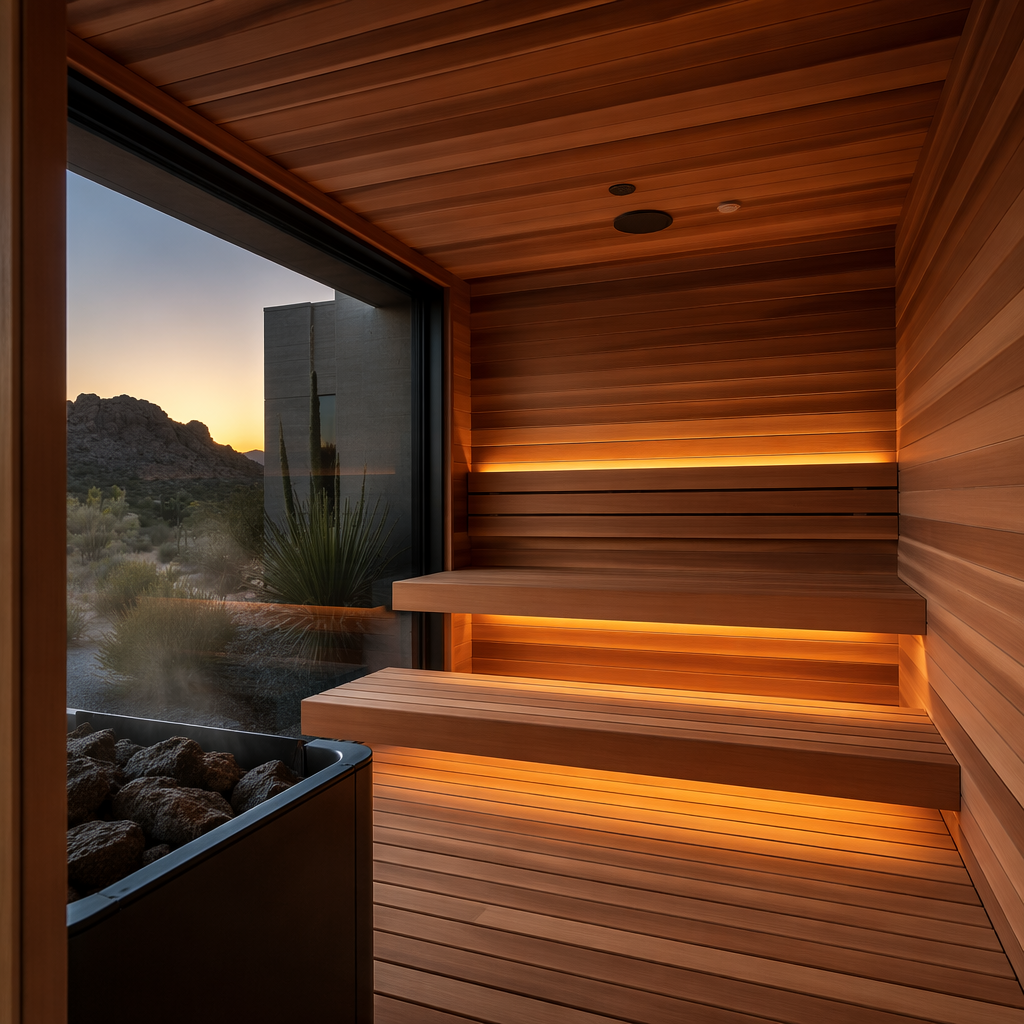 Indoor wood sauna with bench seating and ambient lighting, framed by a desert mountain view at sunset.