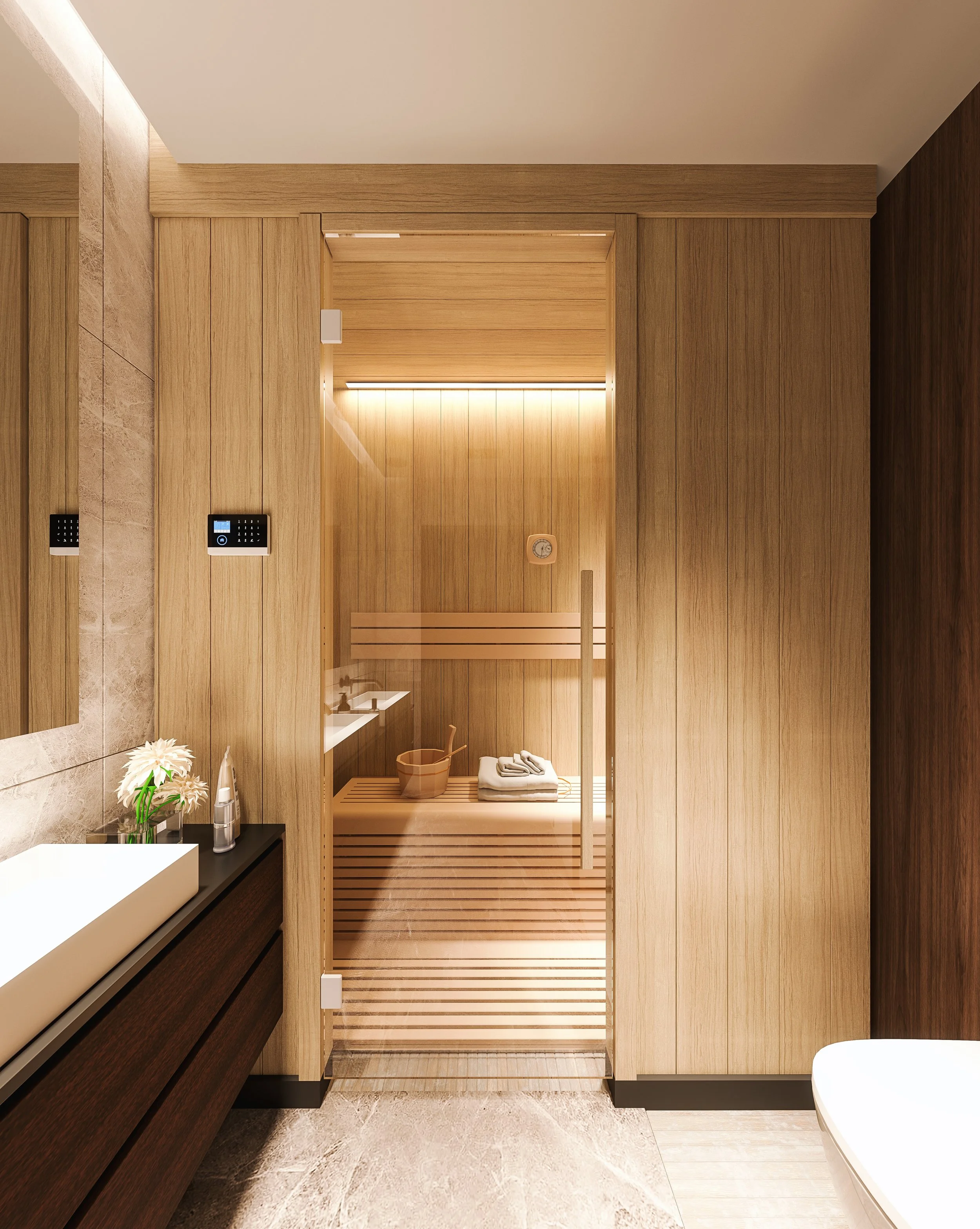 Wood-paneled bathroom with a sauna, dark wood vanity, white sink, and folded towels on a shelf.