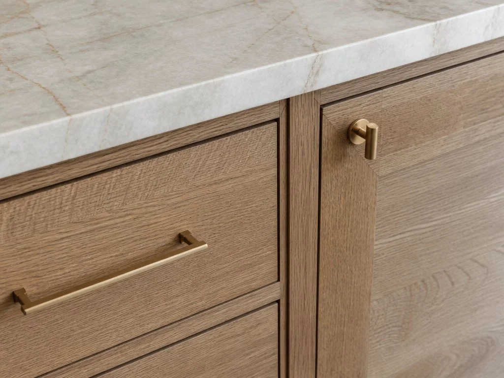 Close-up of custom wood kitchen cabinetry with brass handles and a light marble countertop.