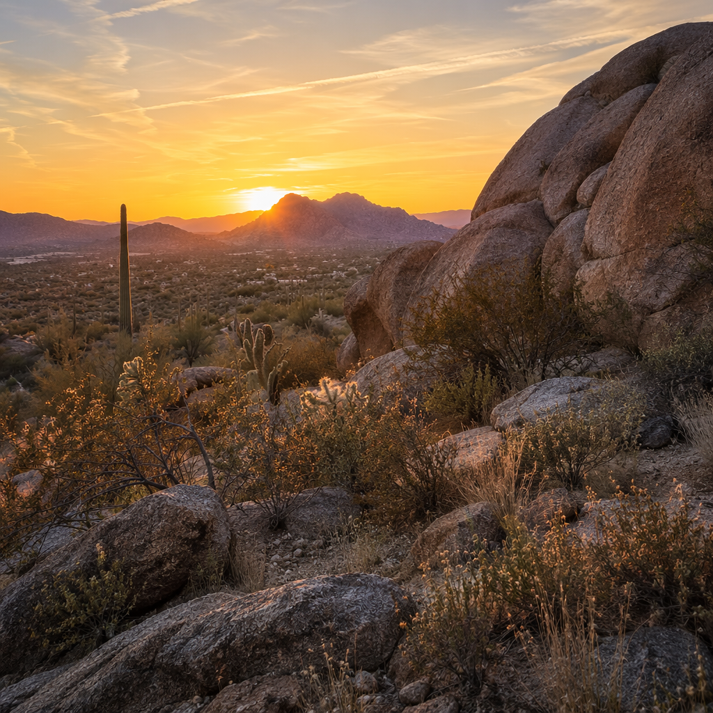 Arizona desert at sunset with boulders, cacti, and a tall saguaro against the mountains.