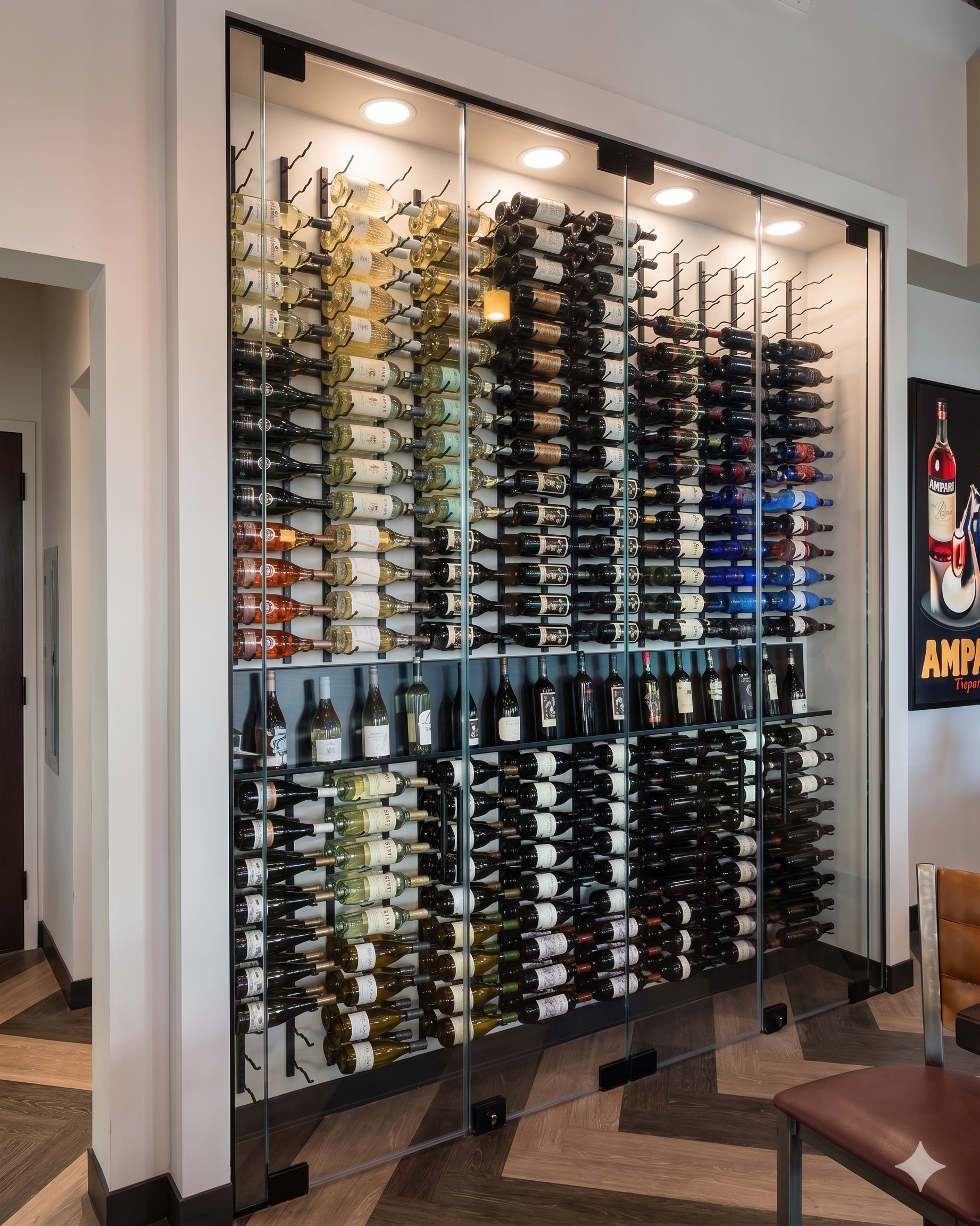 Wine storage wall with horizontal racking behind glass doors and a wood floor.