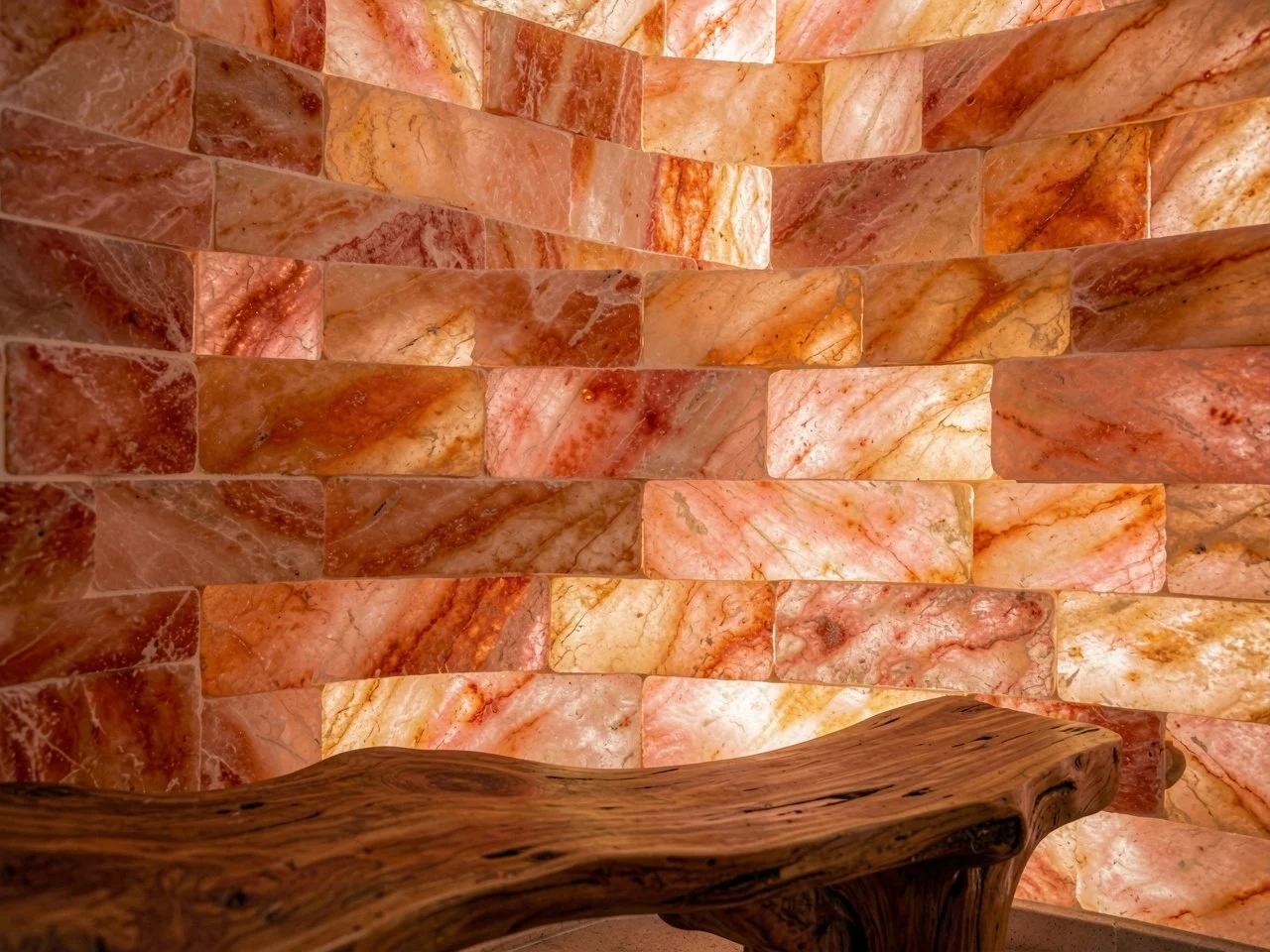 Close-up of a backlit Himalayan salt-brick wall with a ergonomic wood bench.