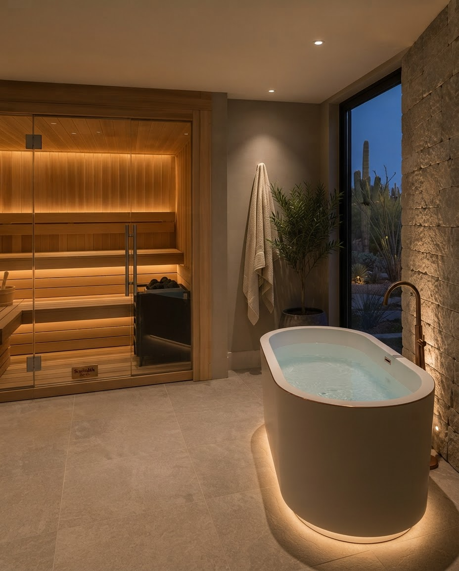 Spa bathroom with a freestanding cold plunge and a glass-door wood sauna, desert visible at dusk.