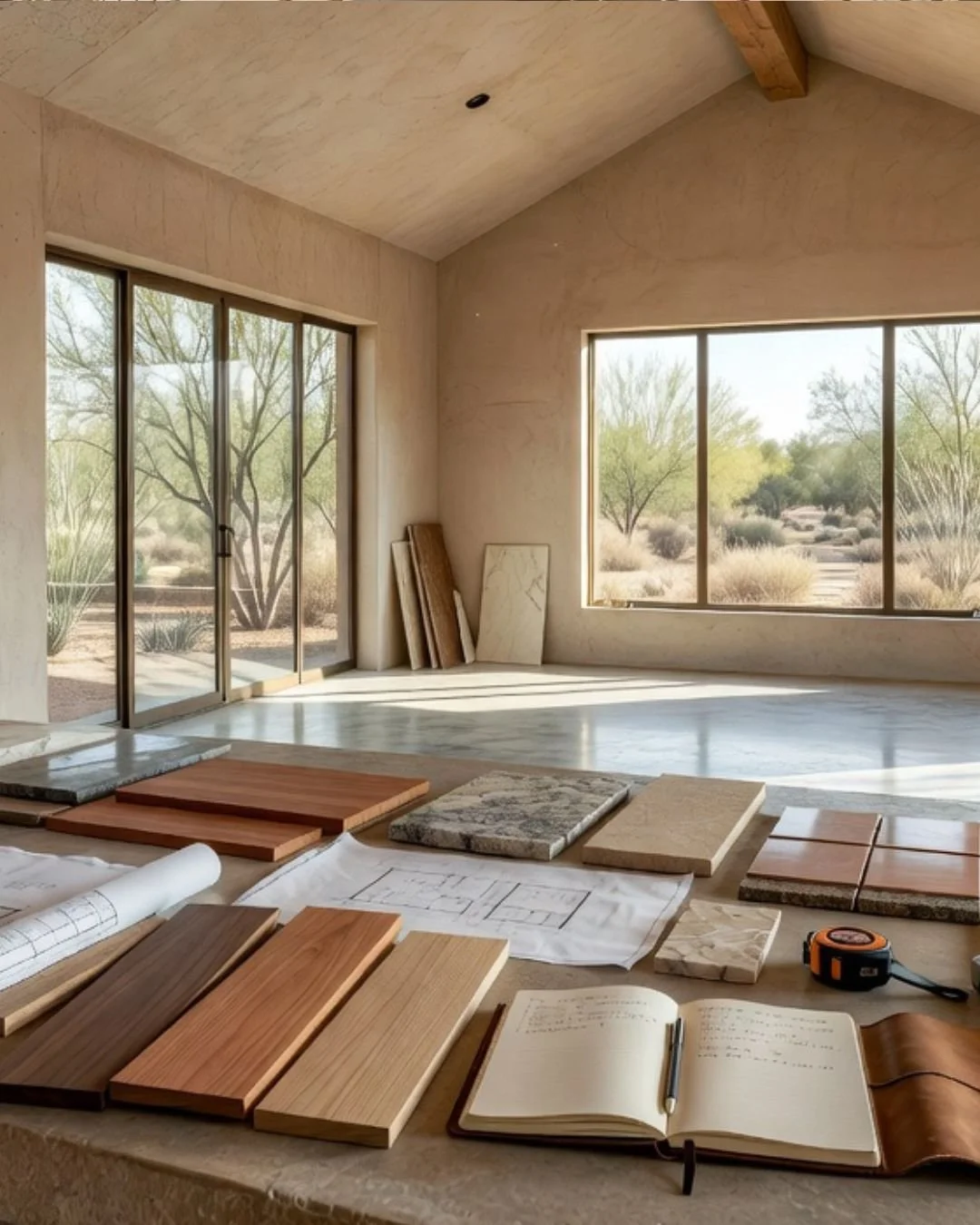 Wood samples, blueprints, and a tape measure on a table mid-build, desert through the windows.