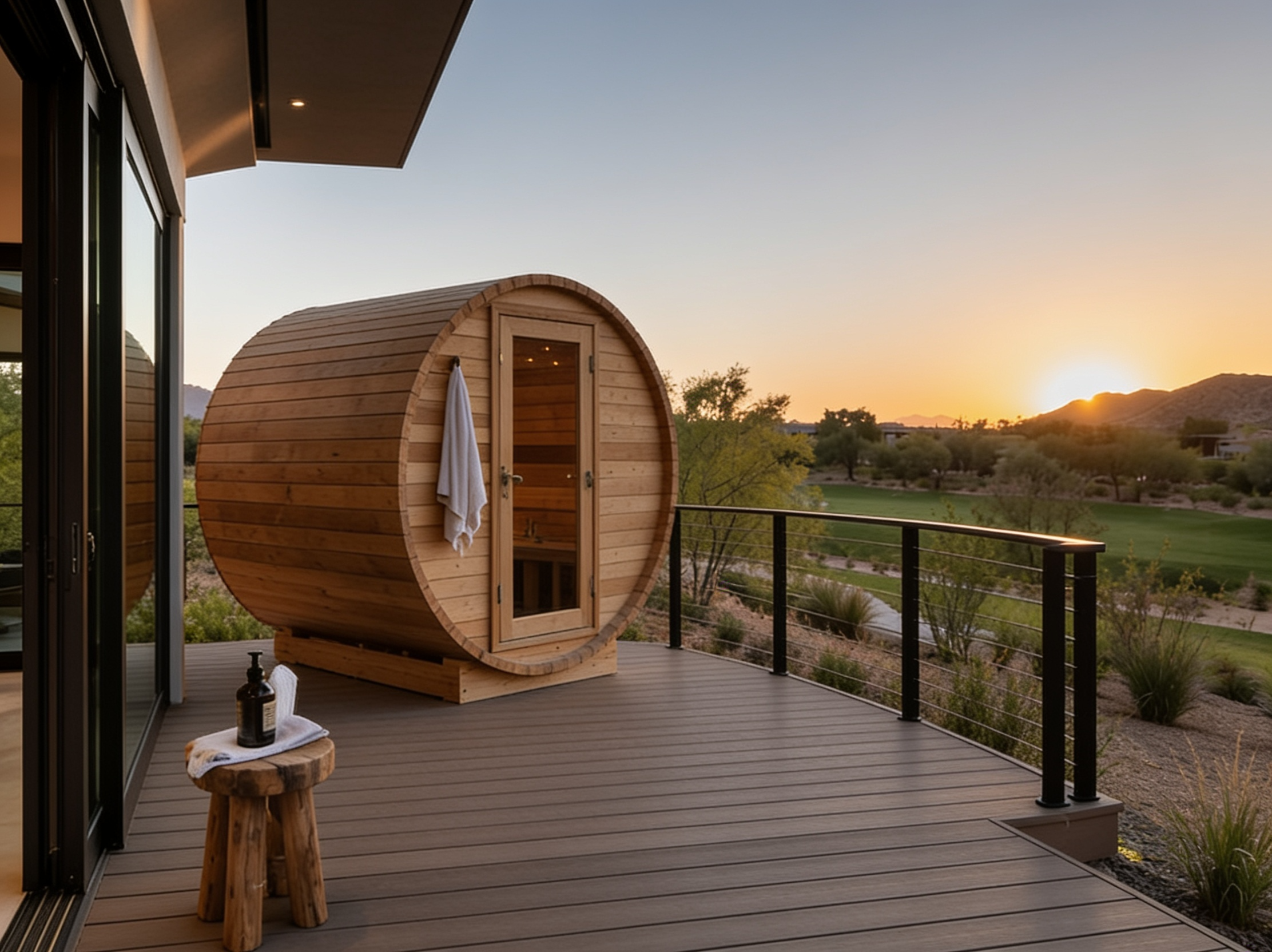 Wood barrel sauna on a balcony with an open landscape view at sunset.