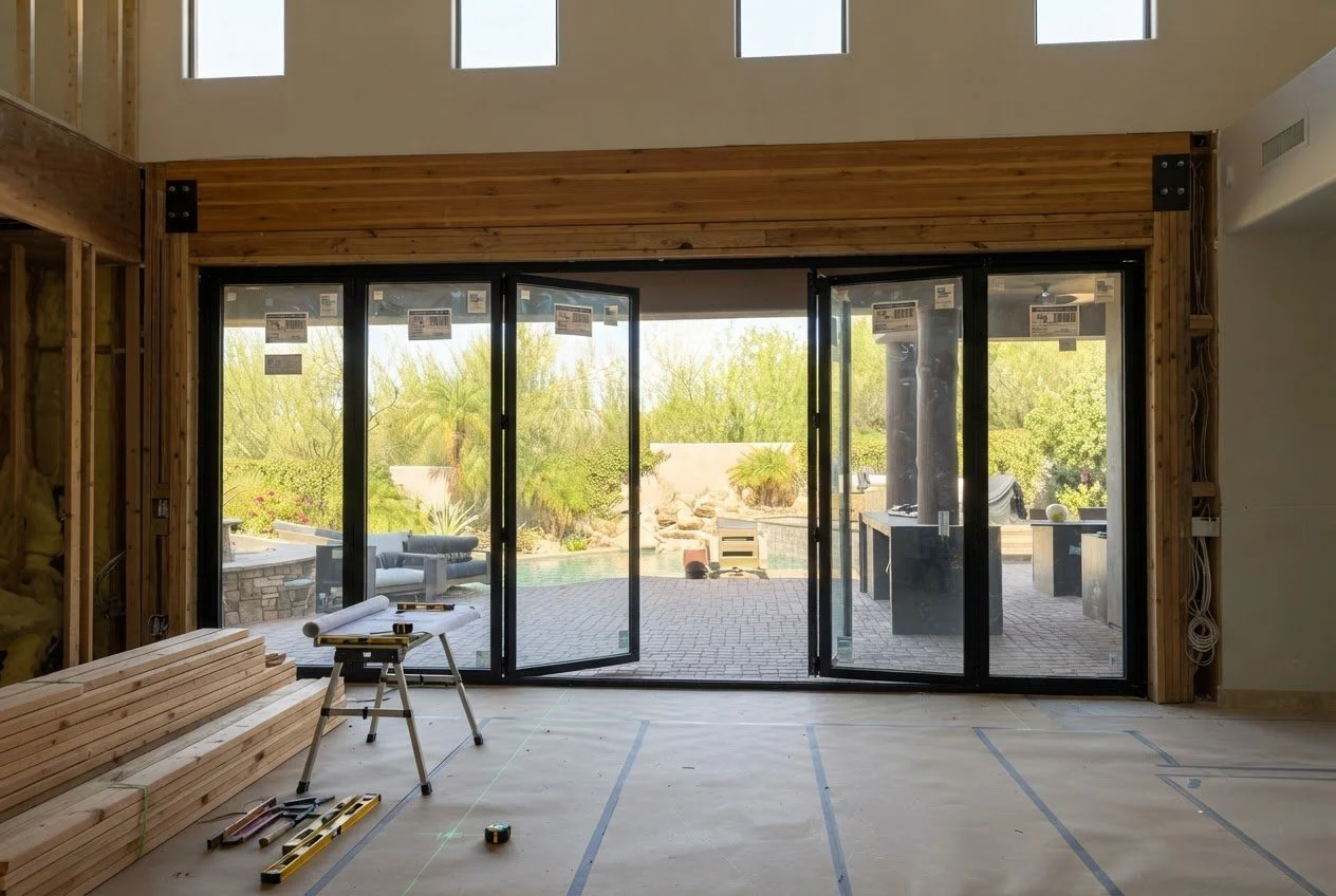 Renovated indoor-outdoor living area with fold-away glass doors opening to a desert view.