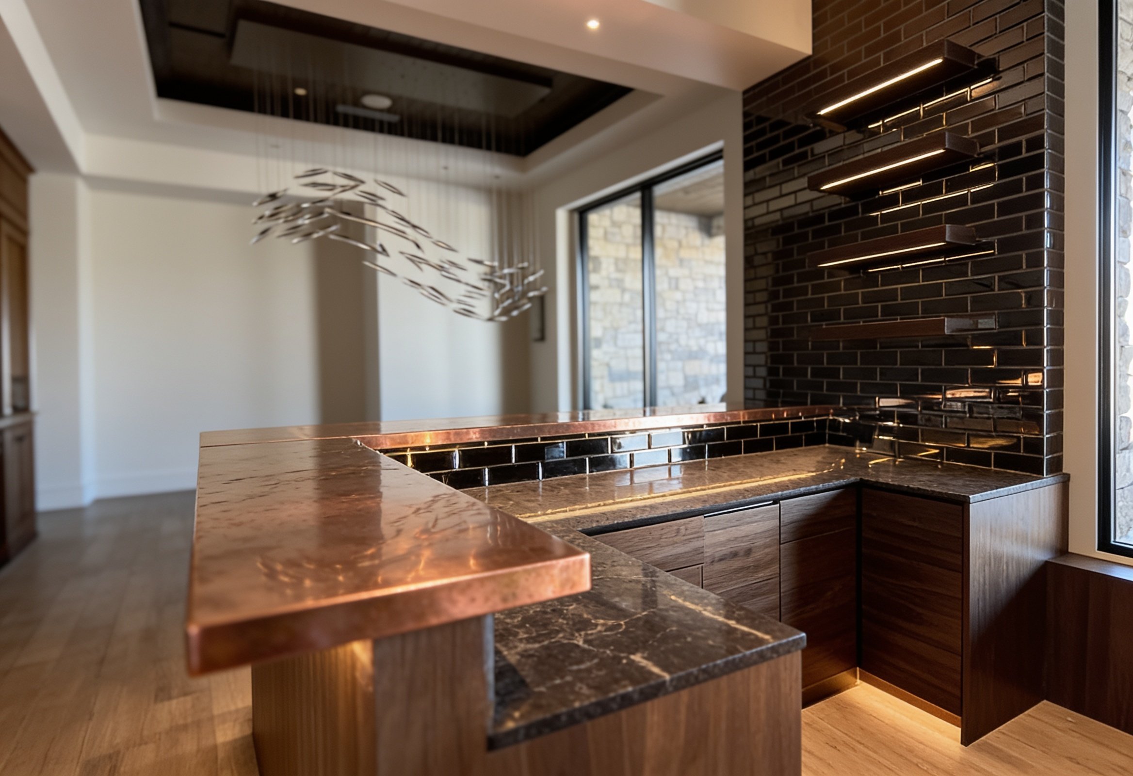 Custom copper-top wet bar with dark wood cabinetry and a black tile backsplash.