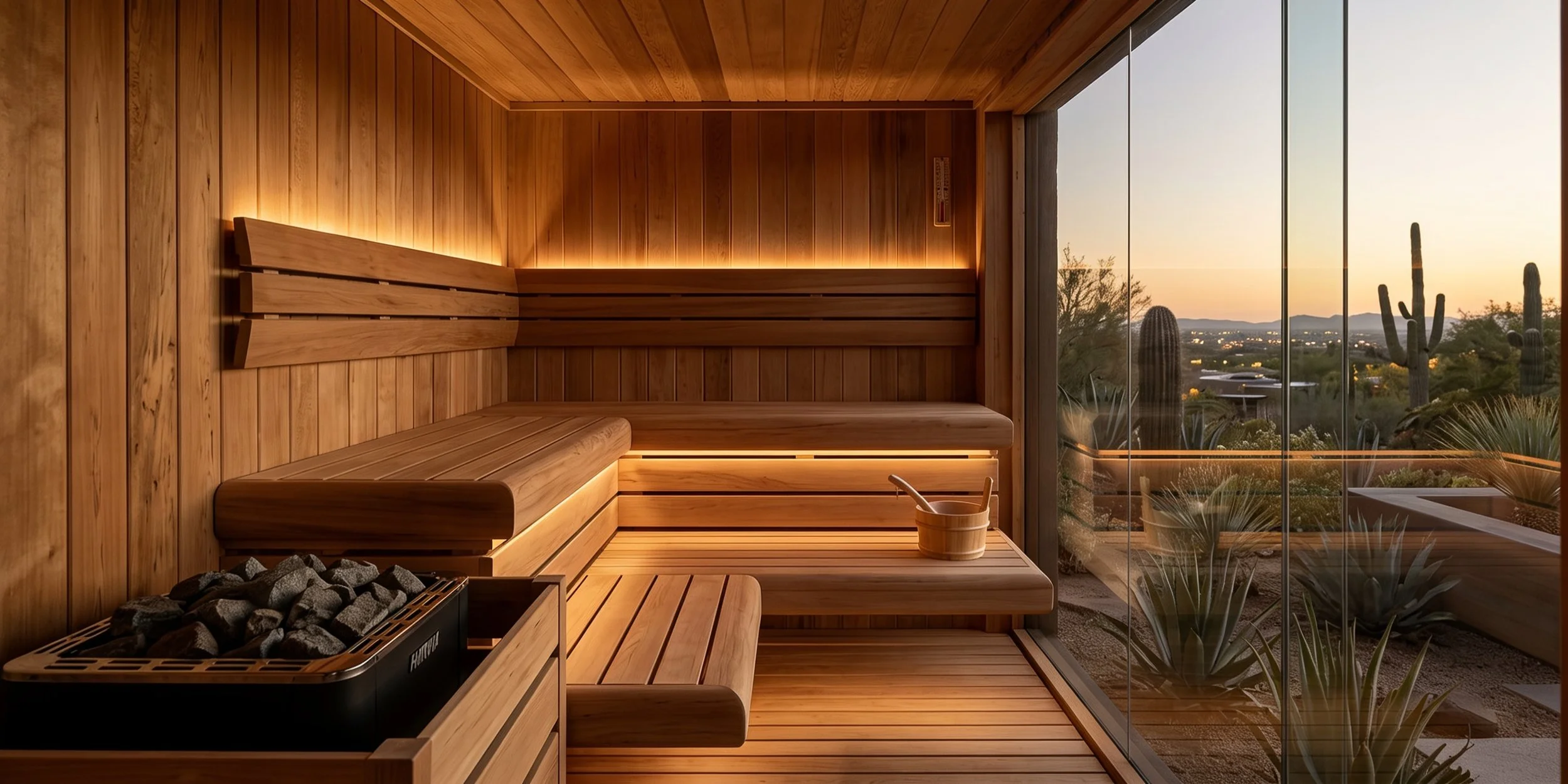 Indoor wood sauna with bench seating and a bucket, a desert view through a large window at sunset.