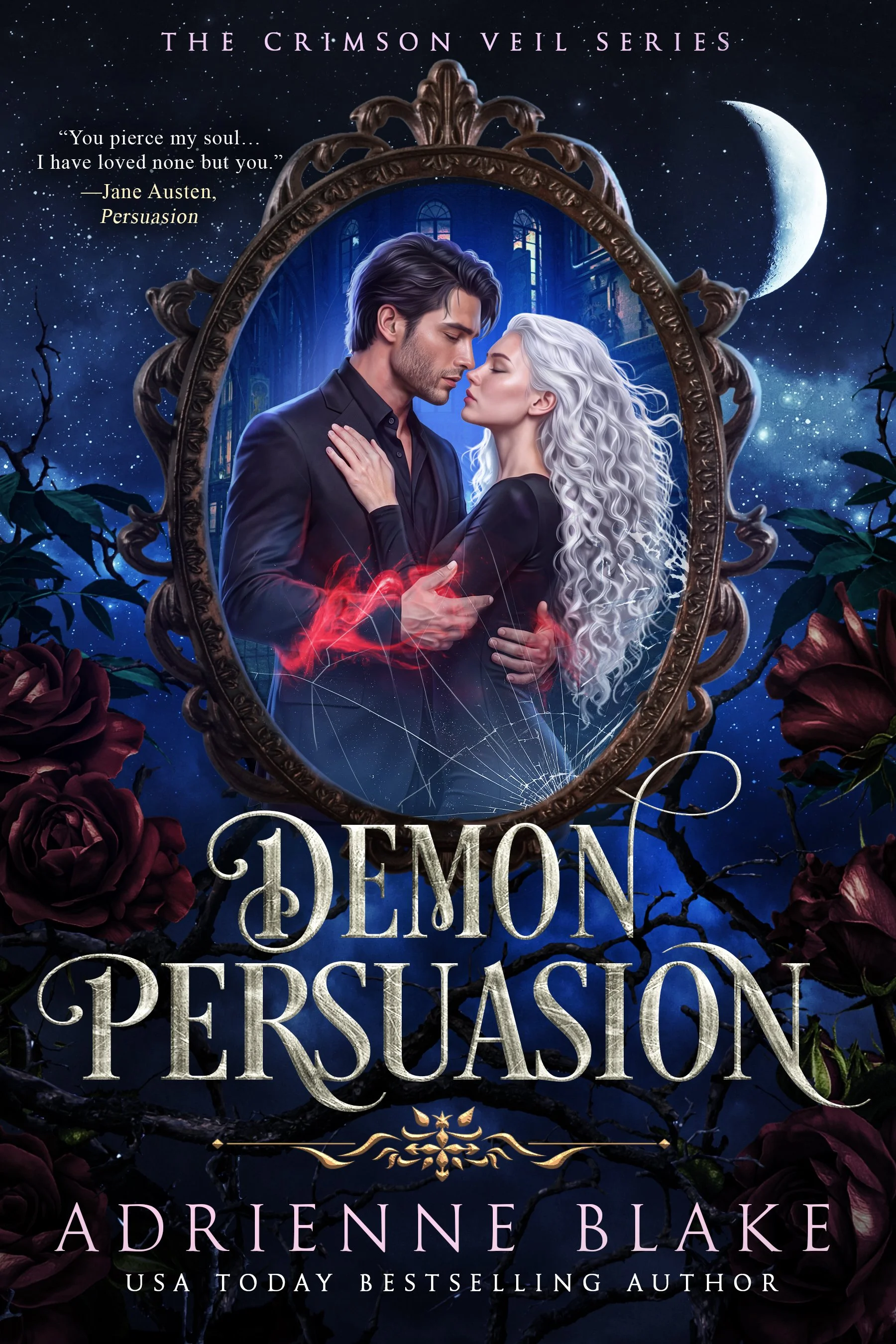 Cover of Demon Persuasion by Adrienne Blake: a vampire and a demon embrace inside an ornate mirror under a crescent moon.