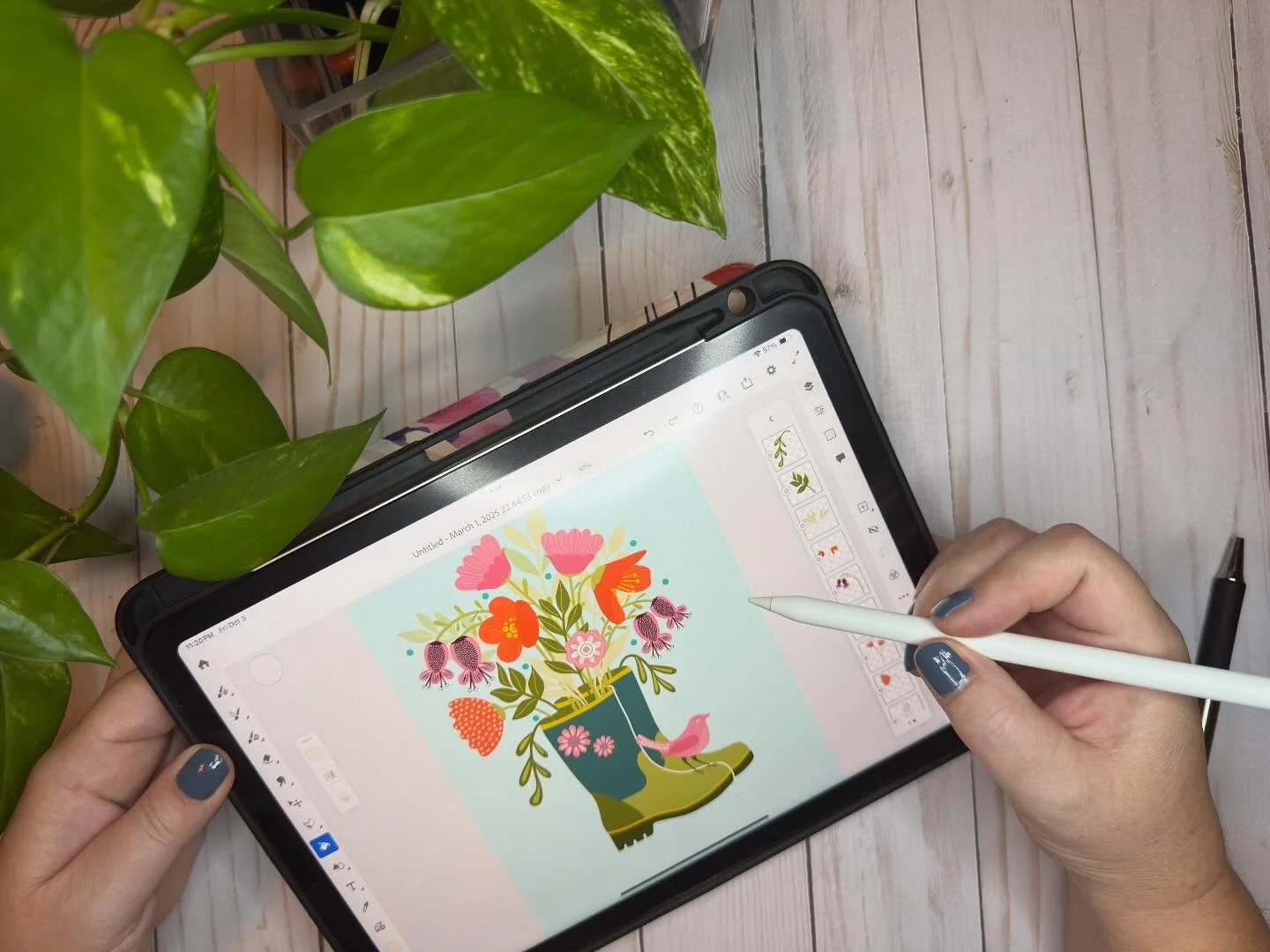 April blooms, boots, and a little birdie joy! 
This page from my 2026 Calendar feels like spring in full swing!

Swipe ➡️ to see a peek at how it came to life.

Available now in my Etsy shop &mdash; link in bio!

#springart #calendar2026 #artistlife 