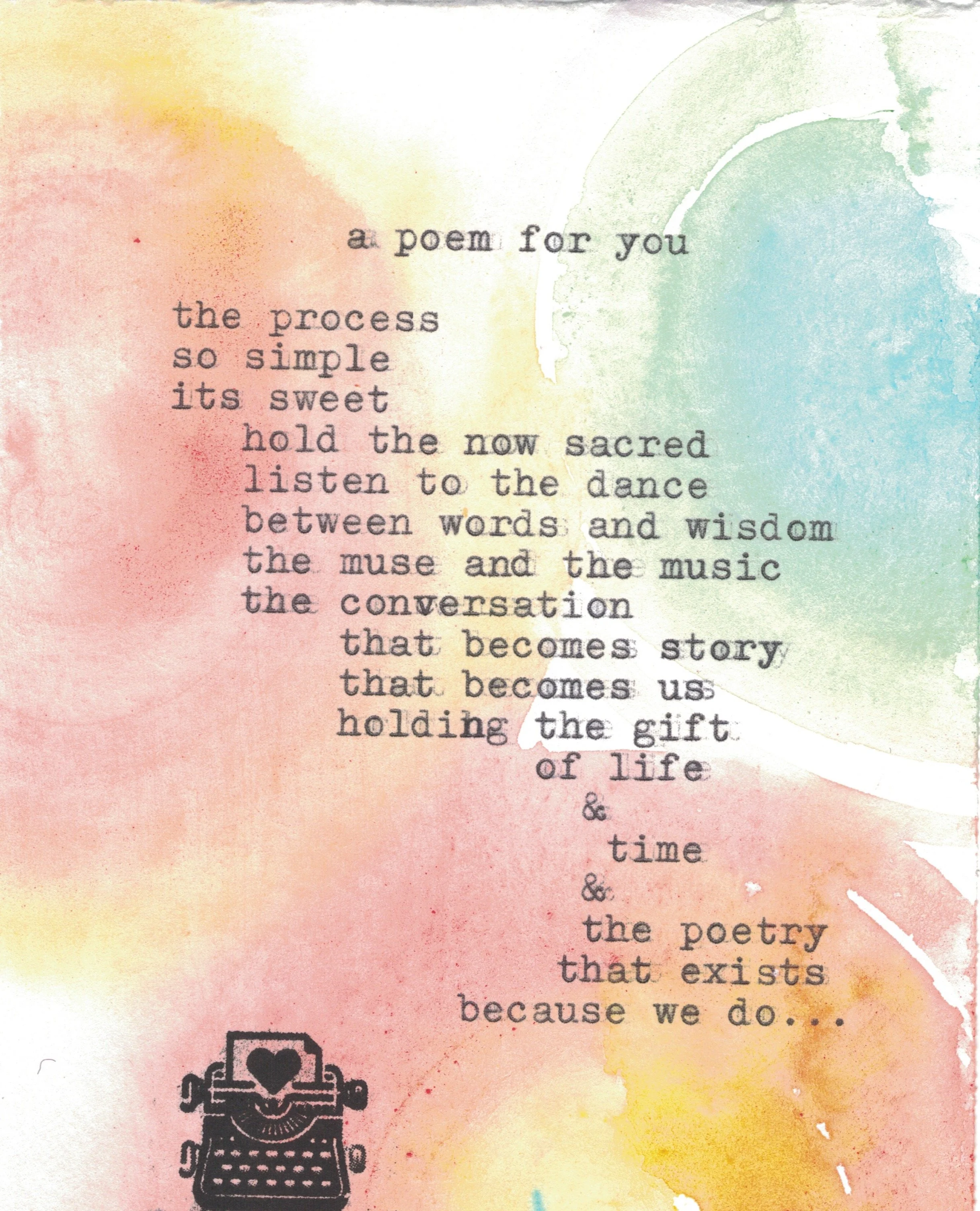 A poem typed on pastel-colored watercolor paper background with a vintage typewriter illustration at the bottom left corner.