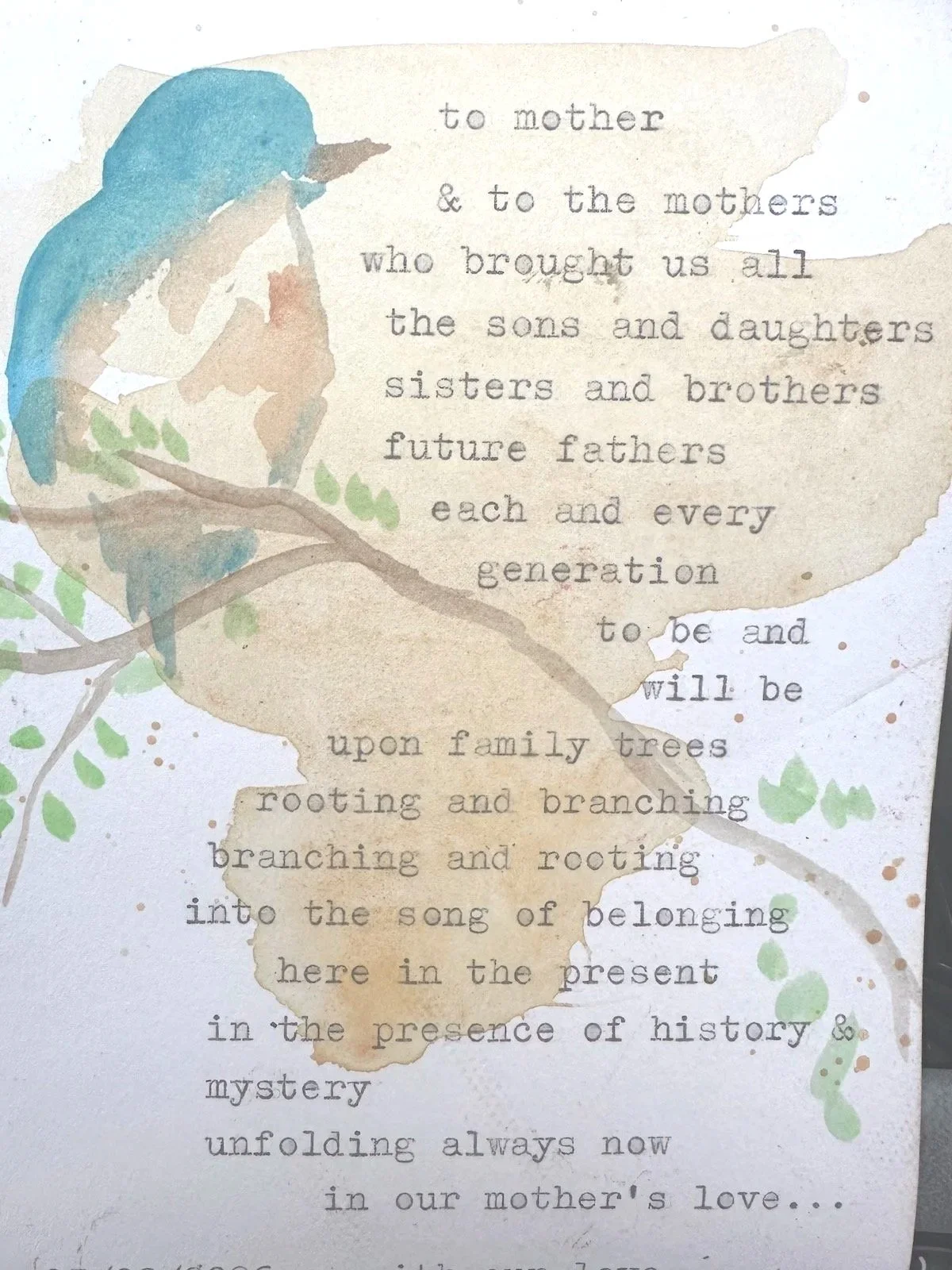 Typewriter Poem with watercolor of bird titled to Mother