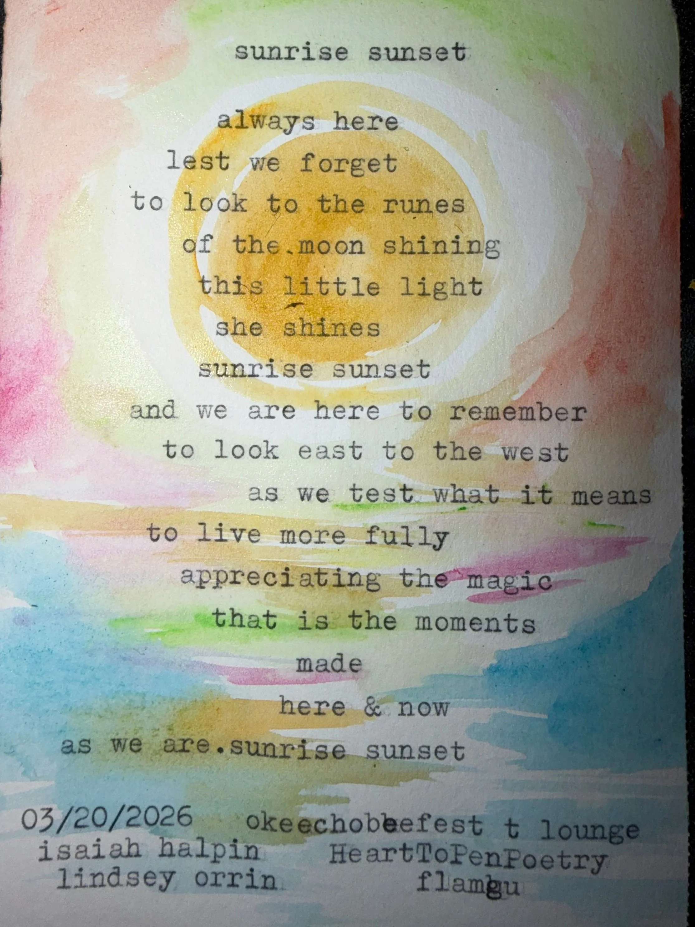 Typewriterpoet Isaiah Halpin Titled sunrise sunset  on watercolor painted paper collaboration with artist Flamgu
