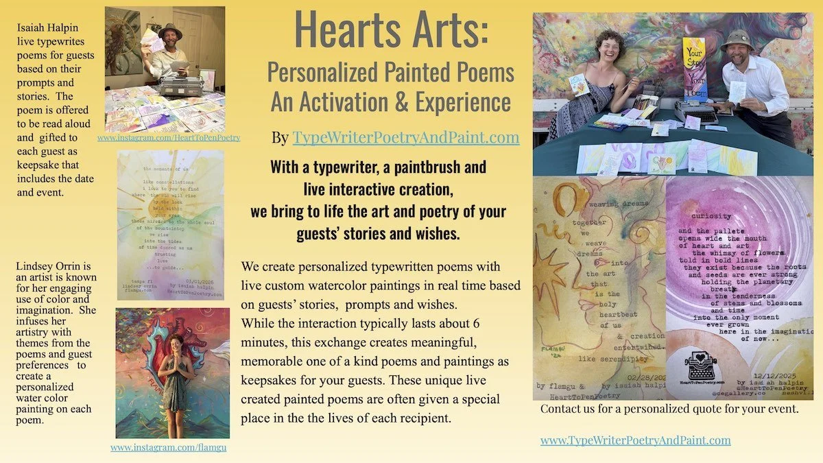 A promotional flyer for: Typewriter Poetry , shows photos of us creating watercolor paintings and writing poems, along with images of colorful artwork and poems on watercolor backgrounds, promoting live interactive poetry and art creation at events.