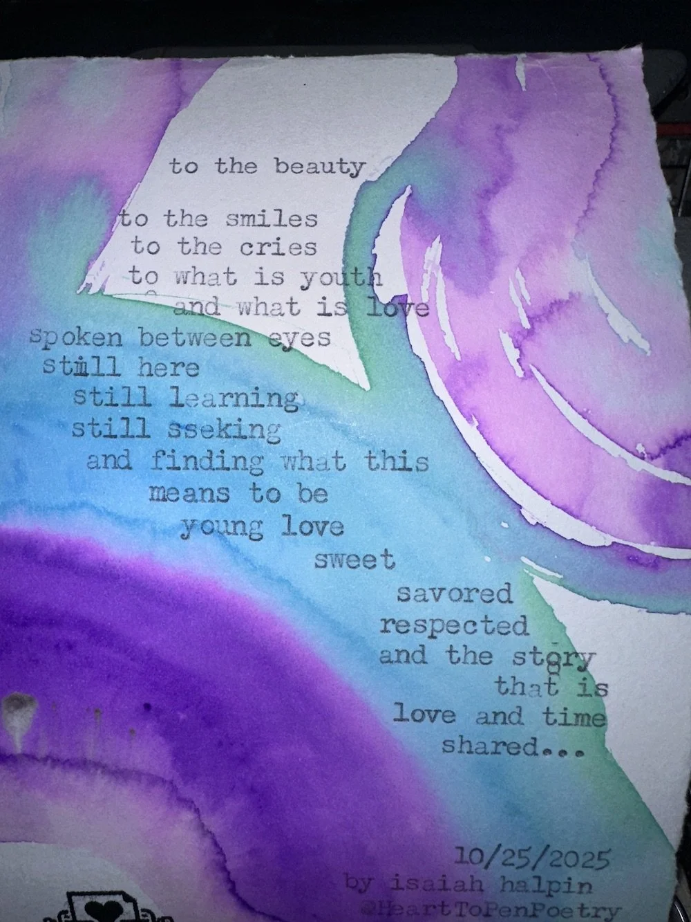 A watercolor painting with purple, blue, and green hues, featuring a poem about love, youth, and time, written in black typewriter font, dated 10/25/2025, by Isaiah Halpin.
