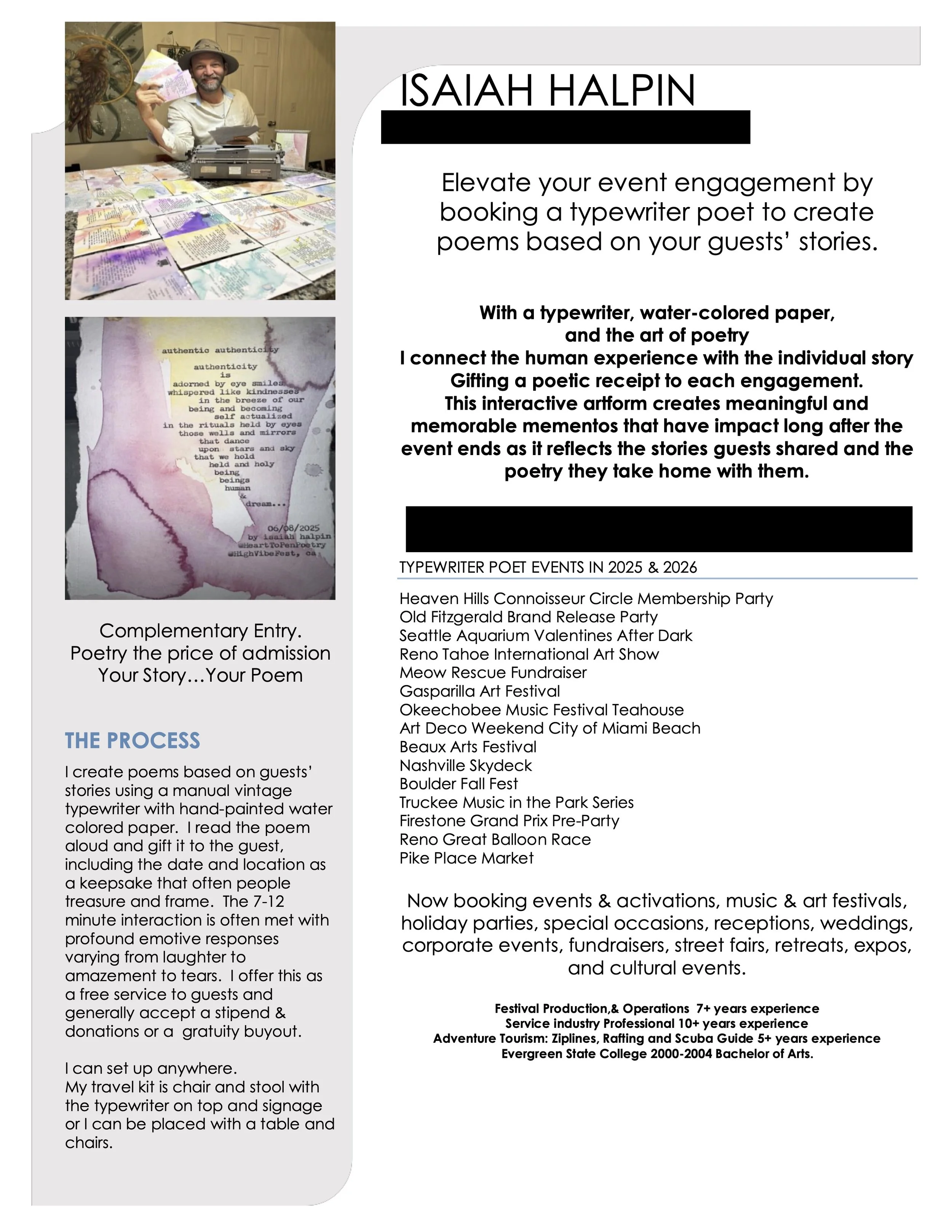 A promotional flyer for Isaiah Halpin promoting a typewriter poetry event. The flyer includes photos of Isaiah working with colorful, handwritten poems on paper, and a typewriter. It details the process of creating poems based on guests' stories using vintage watercolor paper and a typewriter, emphasizing emotional and memorable experiences, and listing upcoming event dates and locations.