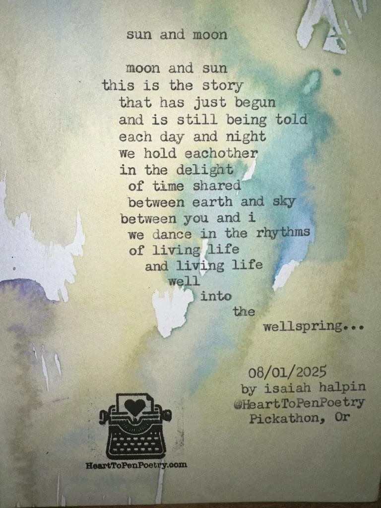 A poem about the sun and moon, describing their relationship and shared moments, with watercolor background in pastel shades, and a small black and white illustration of a vintage typewriter with a heart on top, along with date, author, and event det