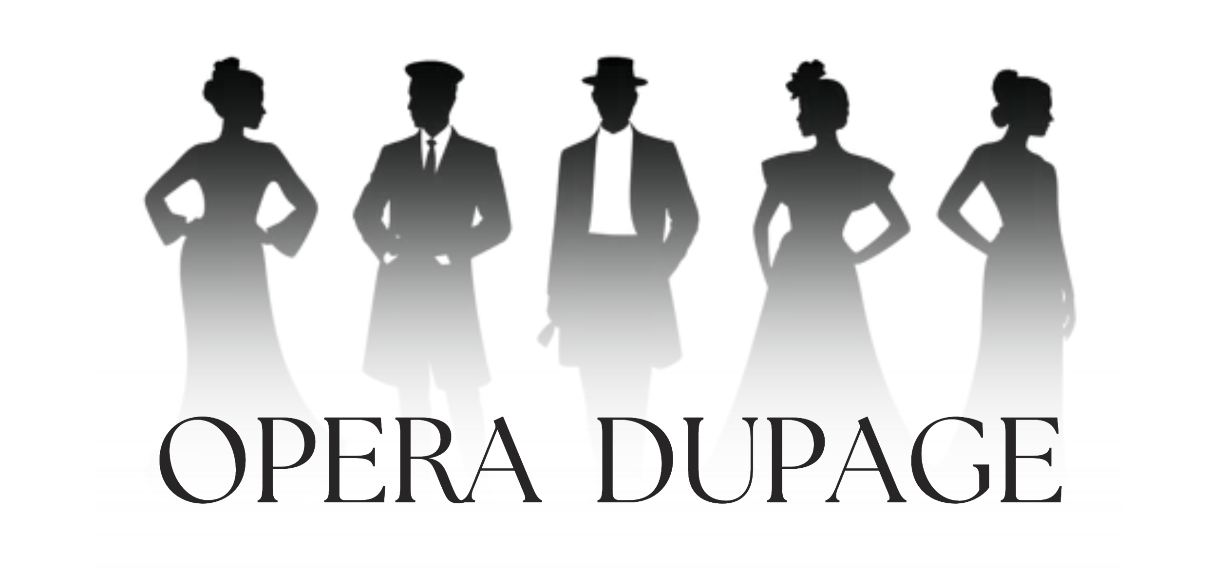 Silhouettes of five people, three women and two men, in vintage clothing, with the text 'OPERA DUPAGE' below.