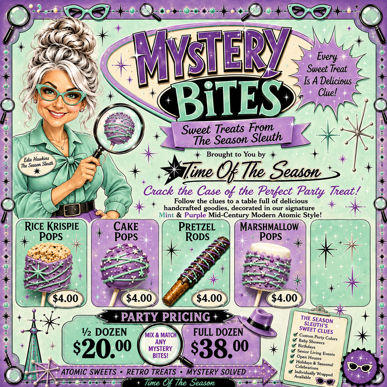 An illustrated promotional flyer for "Mystery Bites," featuring a woman with gray curly hair, glasses, and a green shirt holding a purple cake pop with sprinkles. The flyer promotes mystery-themed holiday treats, including rice krispie pops, cake pops, pretzel rods, and marshmallow pops, each costing $4.00. Pricing options include half-dozen for $20 and full dozen for $38. The design has a retro, space-inspired theme with stars, planets, and futuristic elements.