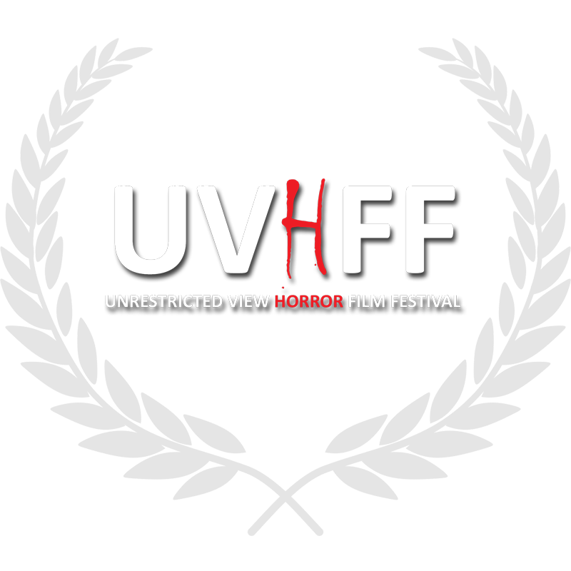 Laurel wreath surrounding text for UHD Horror Film Festival 2025 in white on black background
