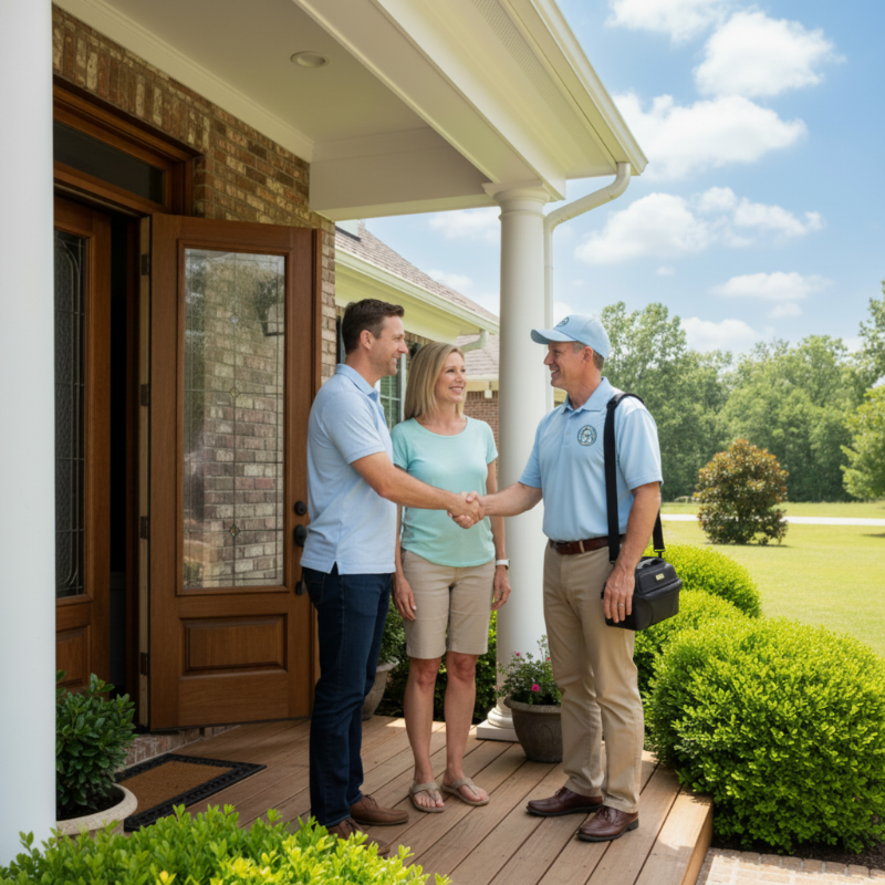 A real estate agent shaking hands with a couple in front of a house on a sunny day.