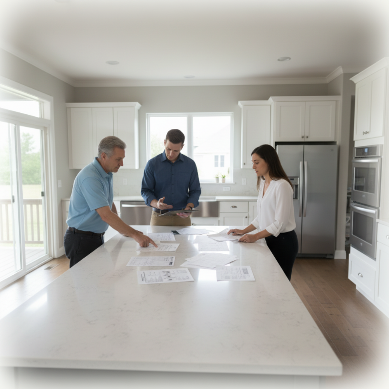 Three people reviewing documents in a modern kitchen.