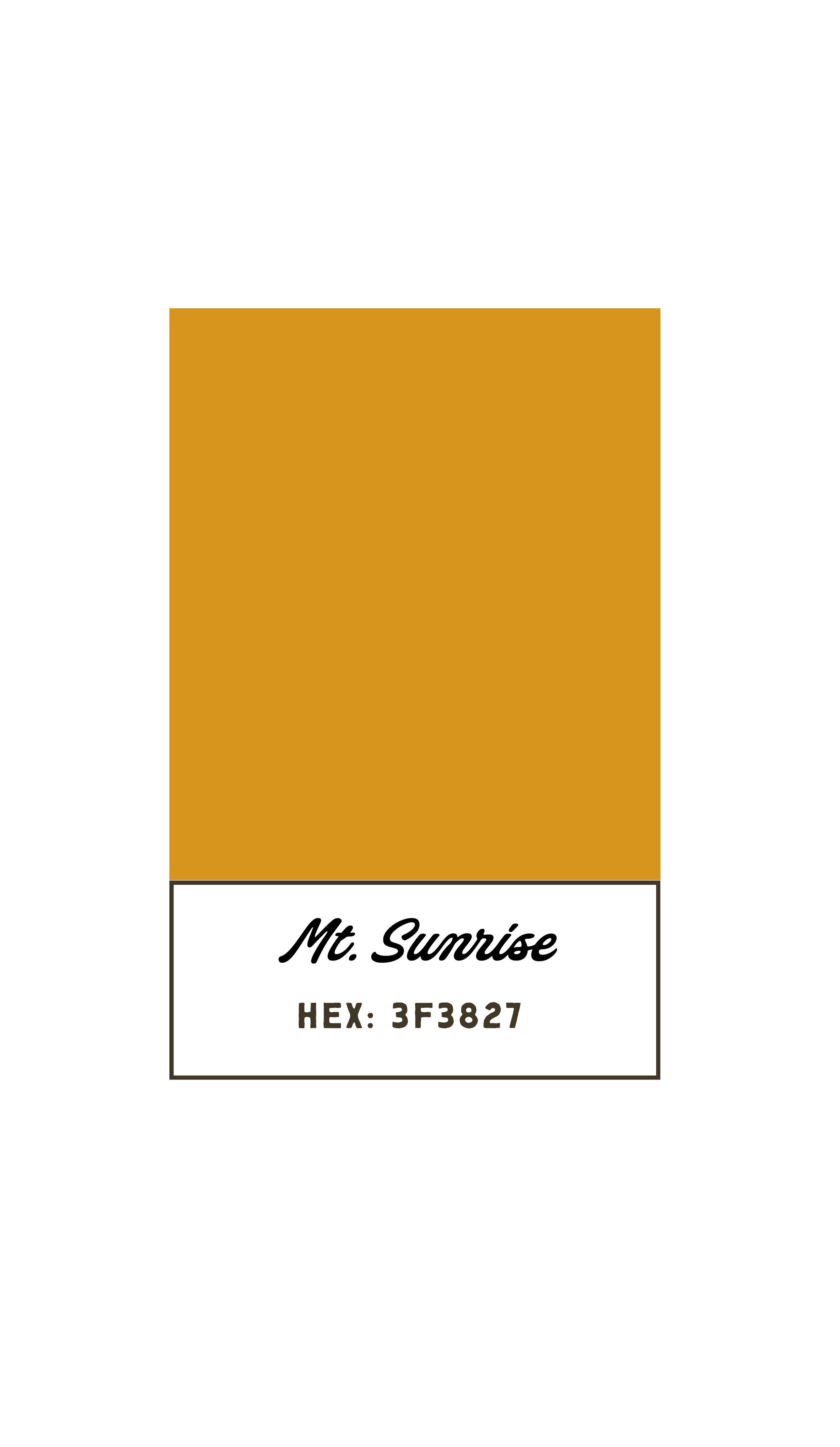 A label with a large orange square, black background, and white cursive text that says 'Mrs. Sunrise', along with the hex code '3F3827'.