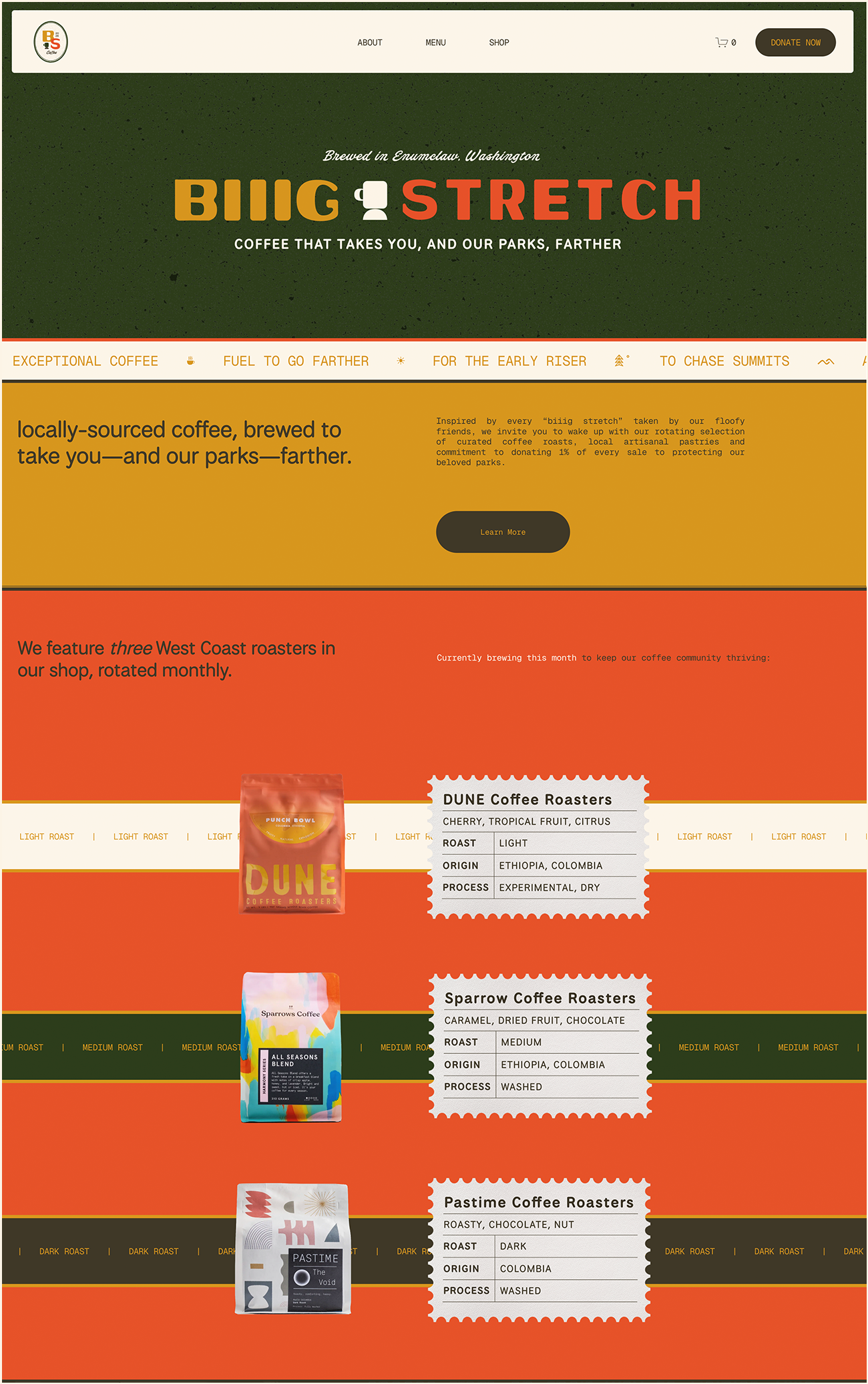 Website homepage for a coffee company called 'Biiig Stretch' brewed in Enumclaw, Washington, featuring sections about their locally-sourced coffee, with images of coffee bags labeled 'Dune Coffee Roasters', 'Sparrow Coffee Roasters', and 'Pastime Coffee Roasters'.