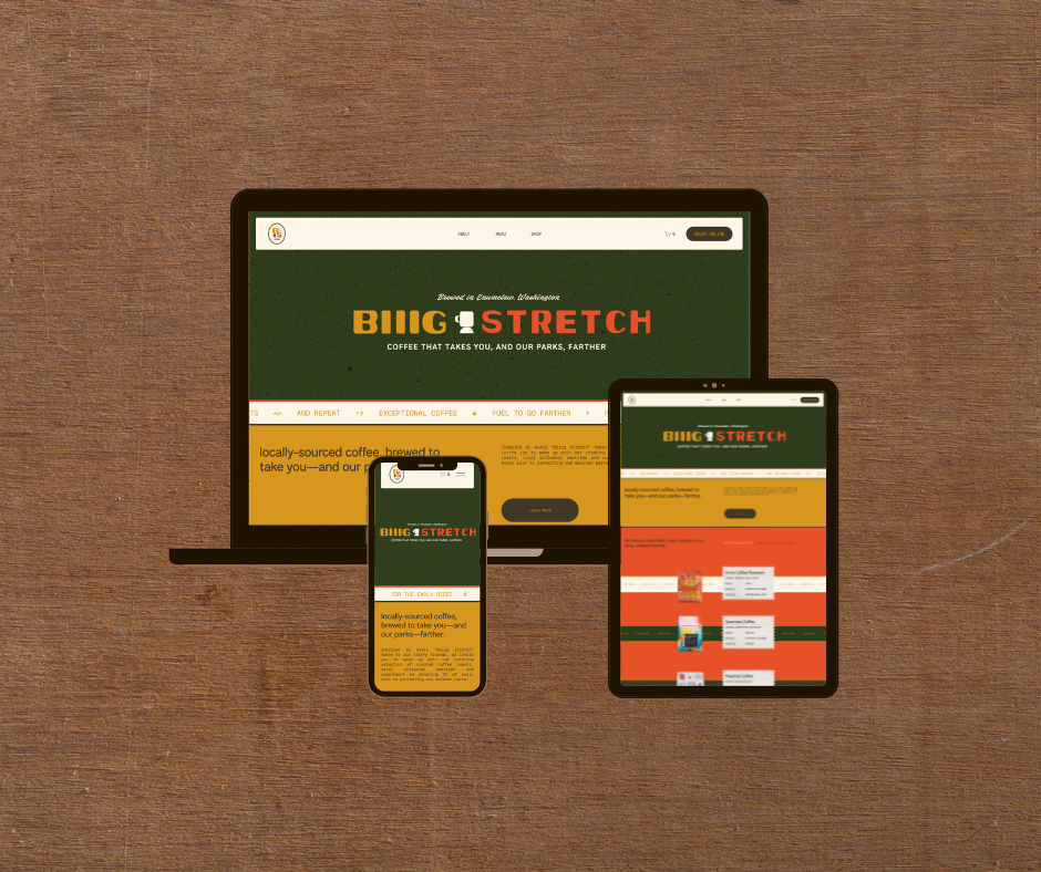 Responsive website displayed on a laptop, tablet, and smartphone for BIIG STRETCH coffee shop, featuring a green, yellow, and red color scheme, with a header menu and product images.