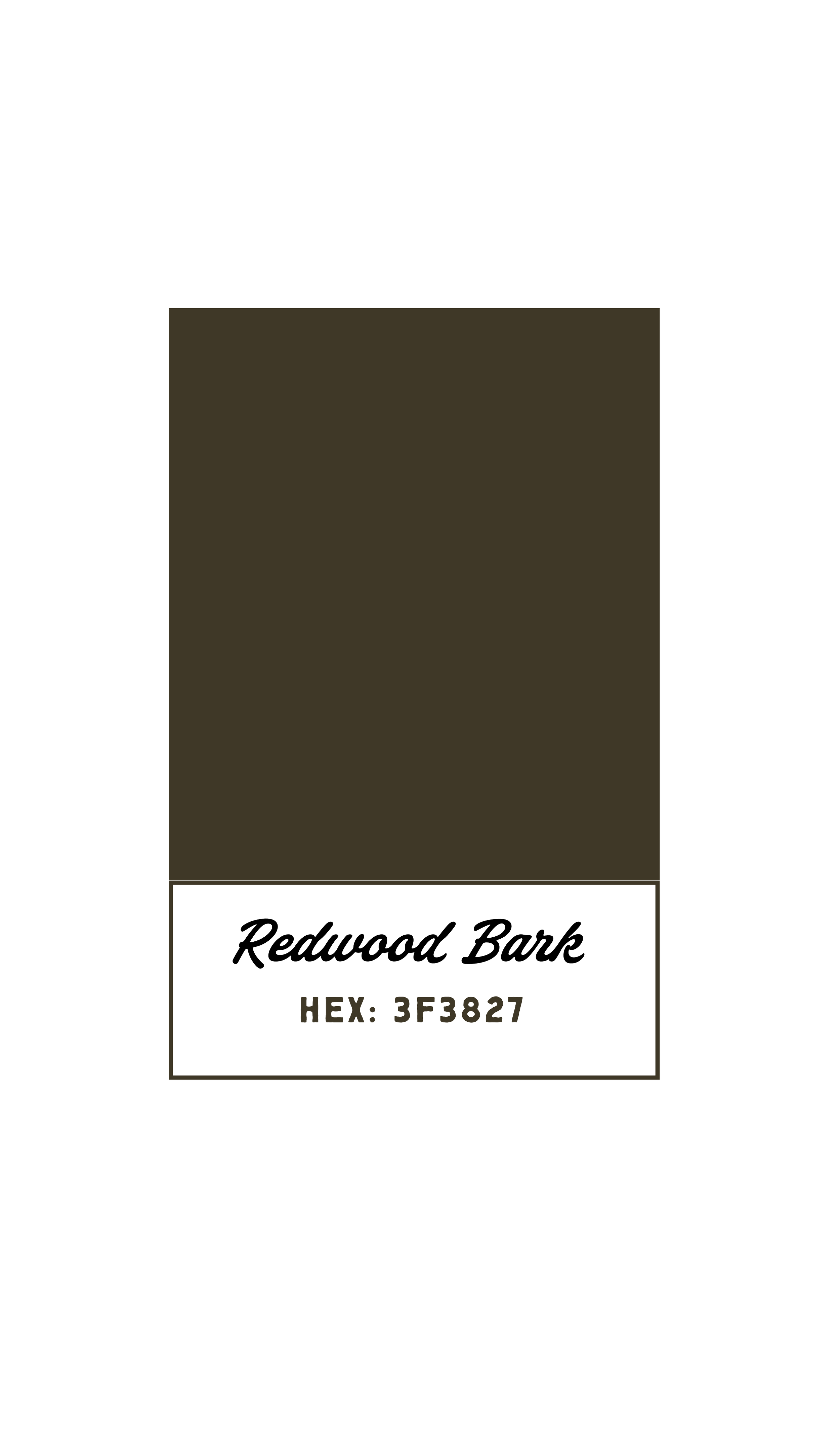 A color sample card labeled 'Redwood Bark' with hex color code 3F3827, showing a dark brown color.