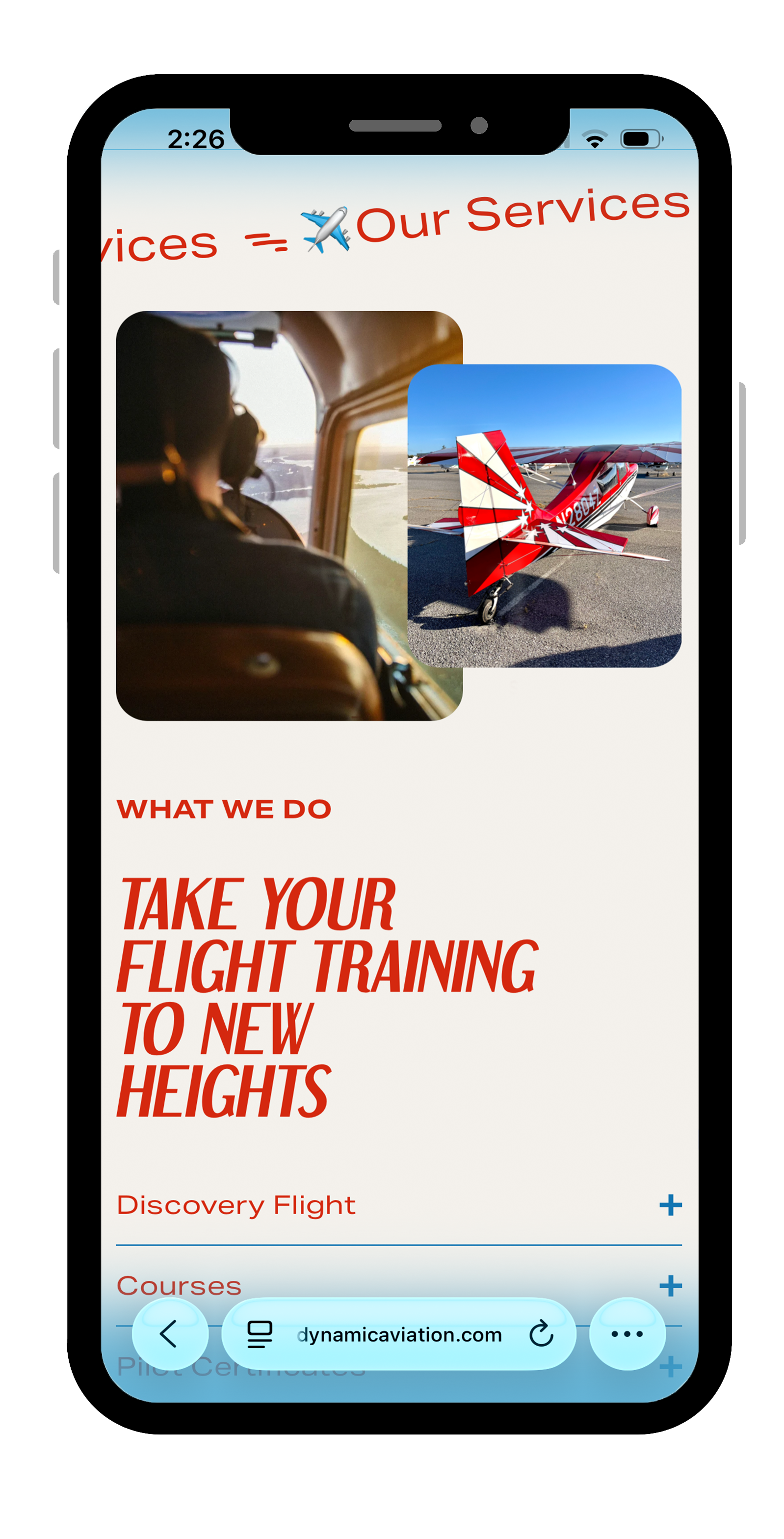 A mobile website showing services for a flight training company with images of a pilot in the cockpit and a small red and white airplane on the tarmac, along with bold red text promoting flight training to new heights.