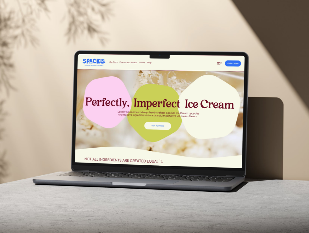 Laptop displaying an ice cream company's website with the slogan 'Perfectly, Imperfect Ice Cream'.